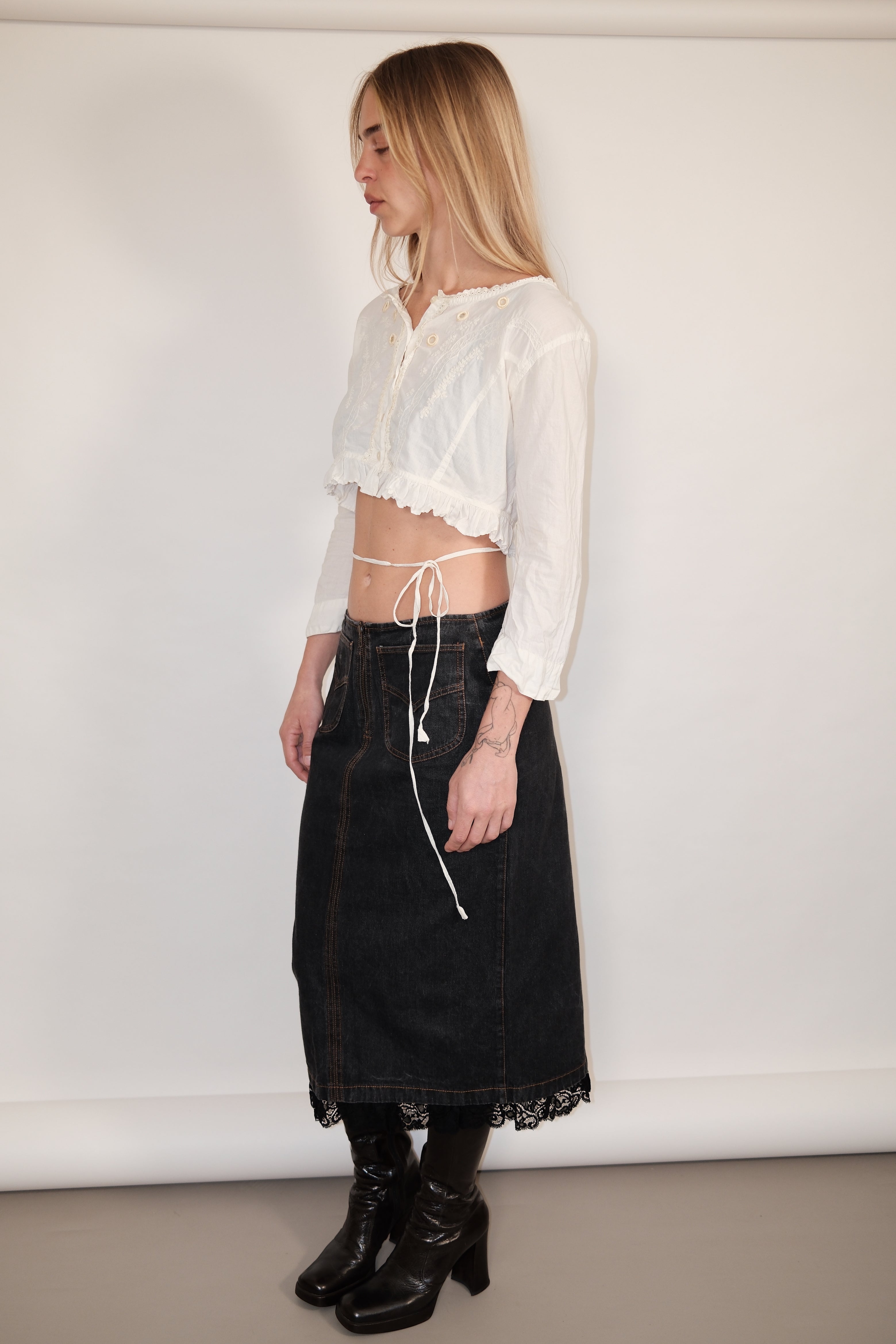 Dark Denim Maxi Skirt with Lace and Pockets