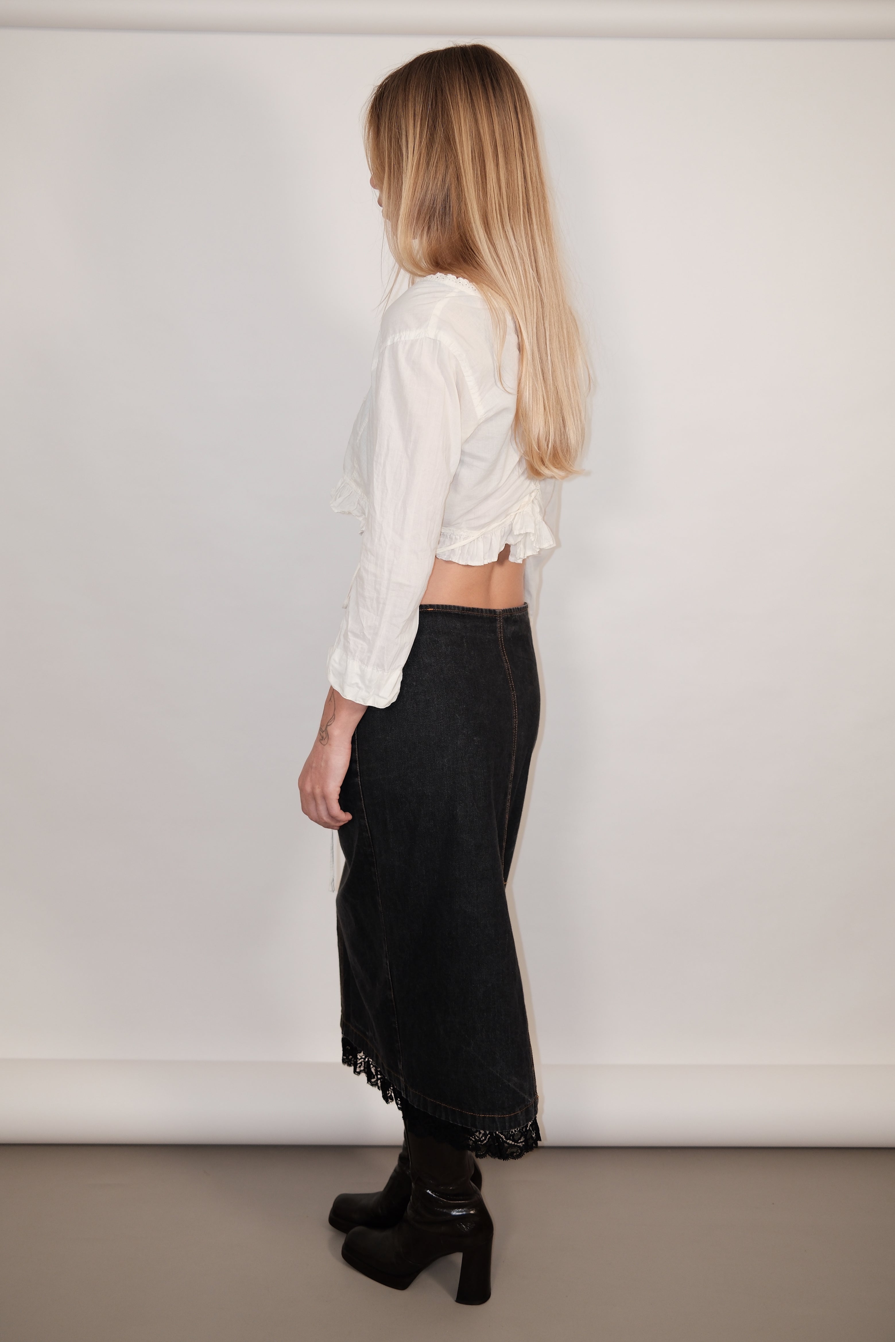 Dark Denim Maxi Skirt with Lace and Pockets