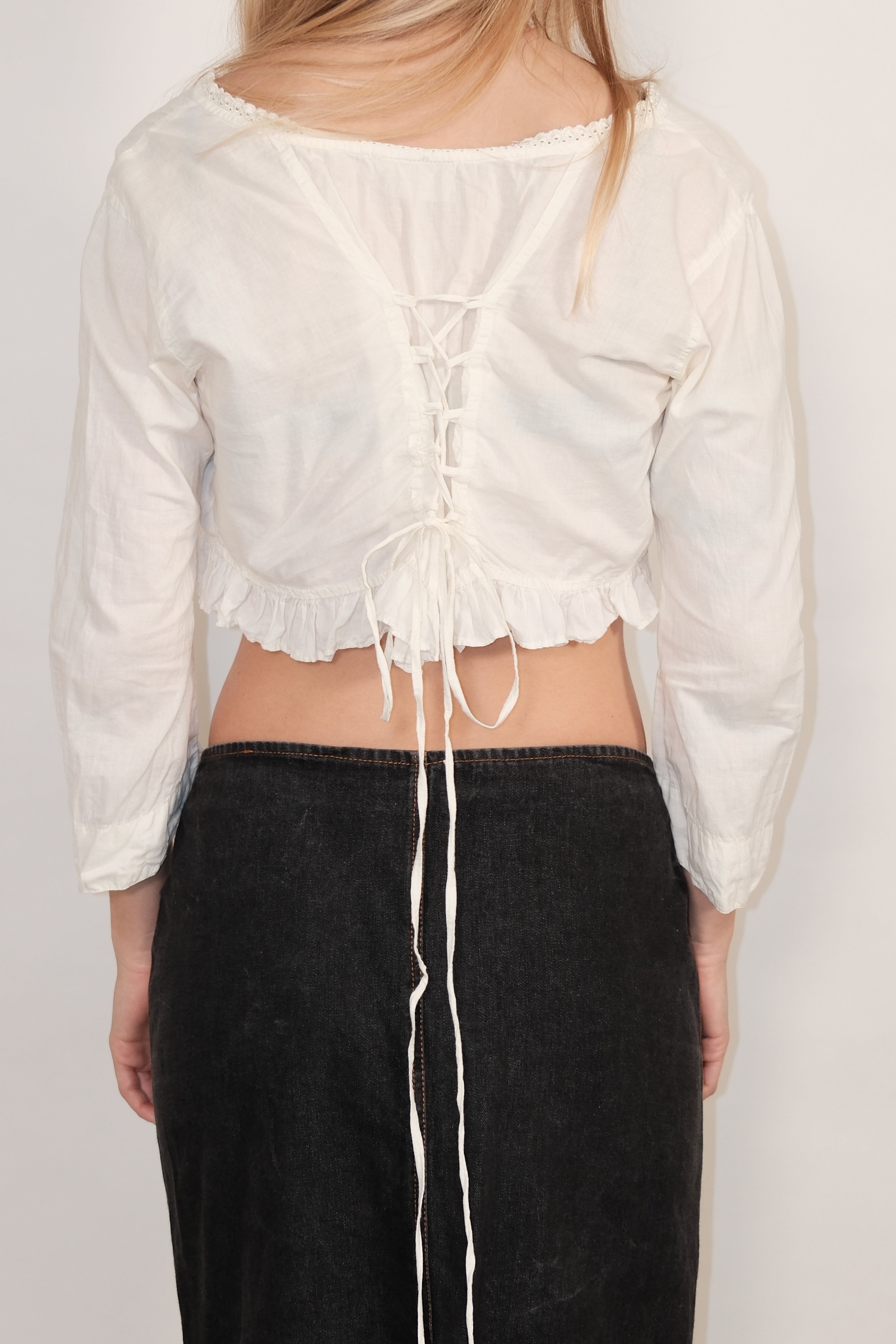 White Detailed Crop Button-Down Blouse with Back Lace