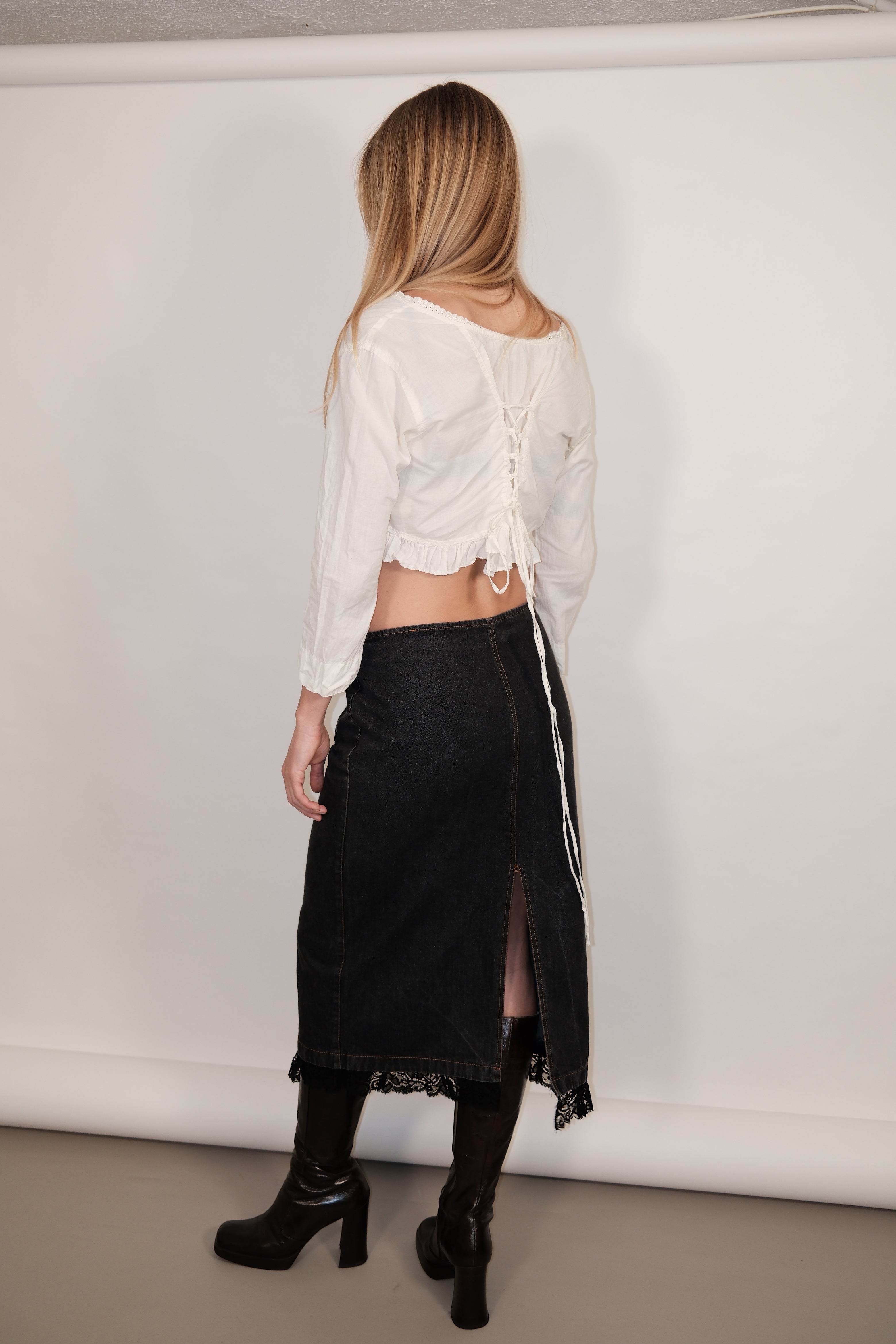 White Detailed Crop Button-Down Blouse with Back Lace