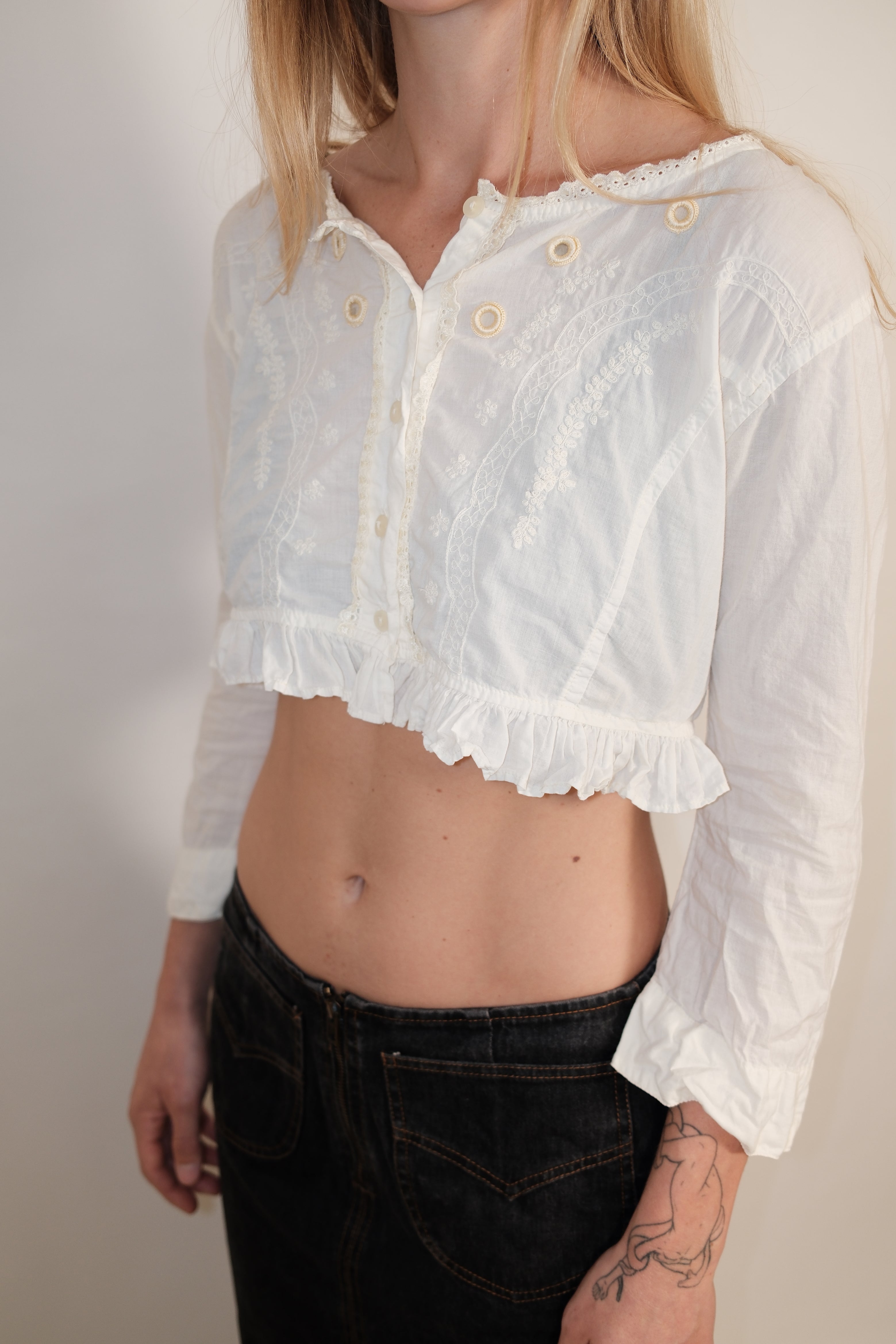 White Detailed Crop Button-Down Blouse with Back Lace