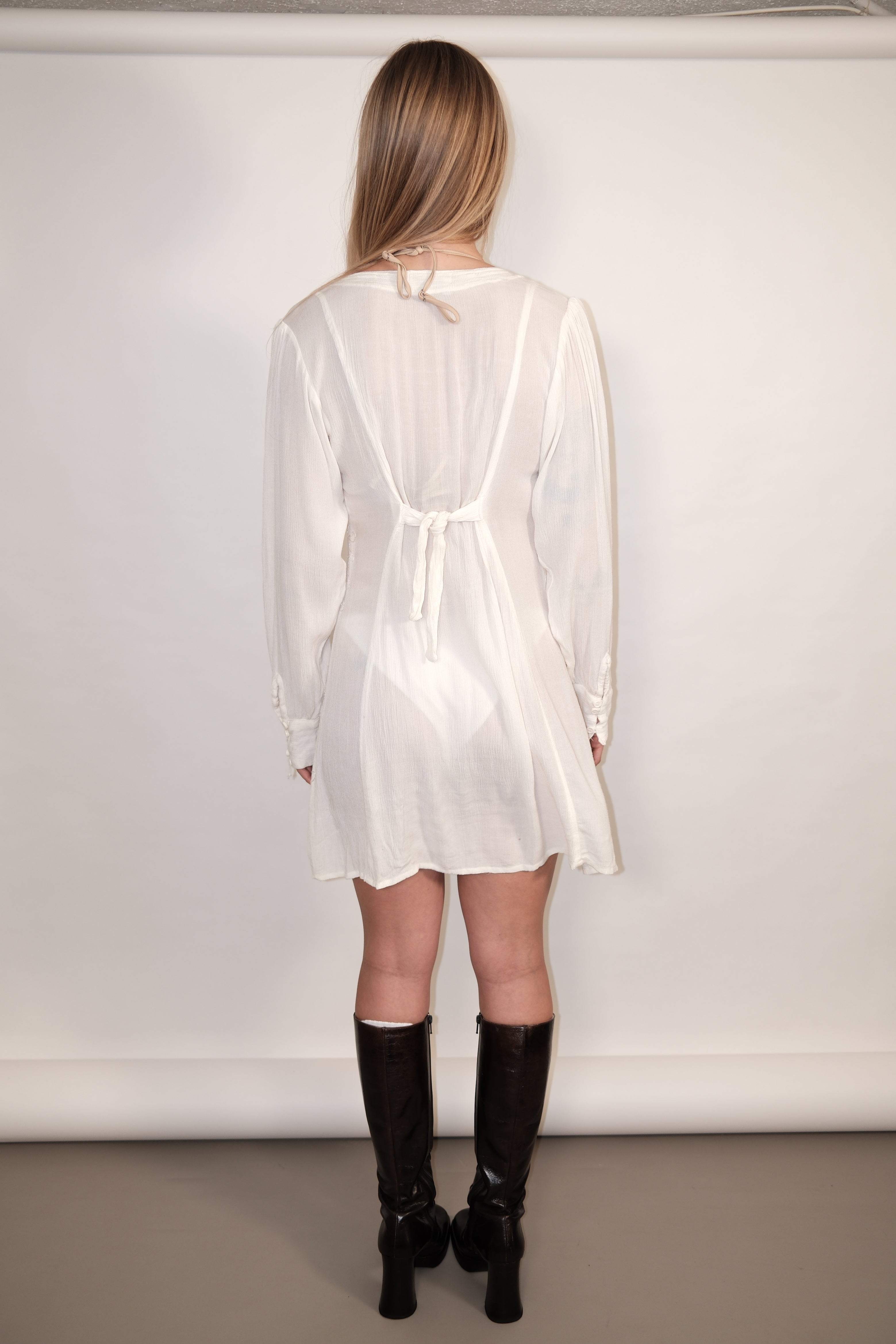 White Semi-Sheer Boho Dress with Embellishments and Front Buttons