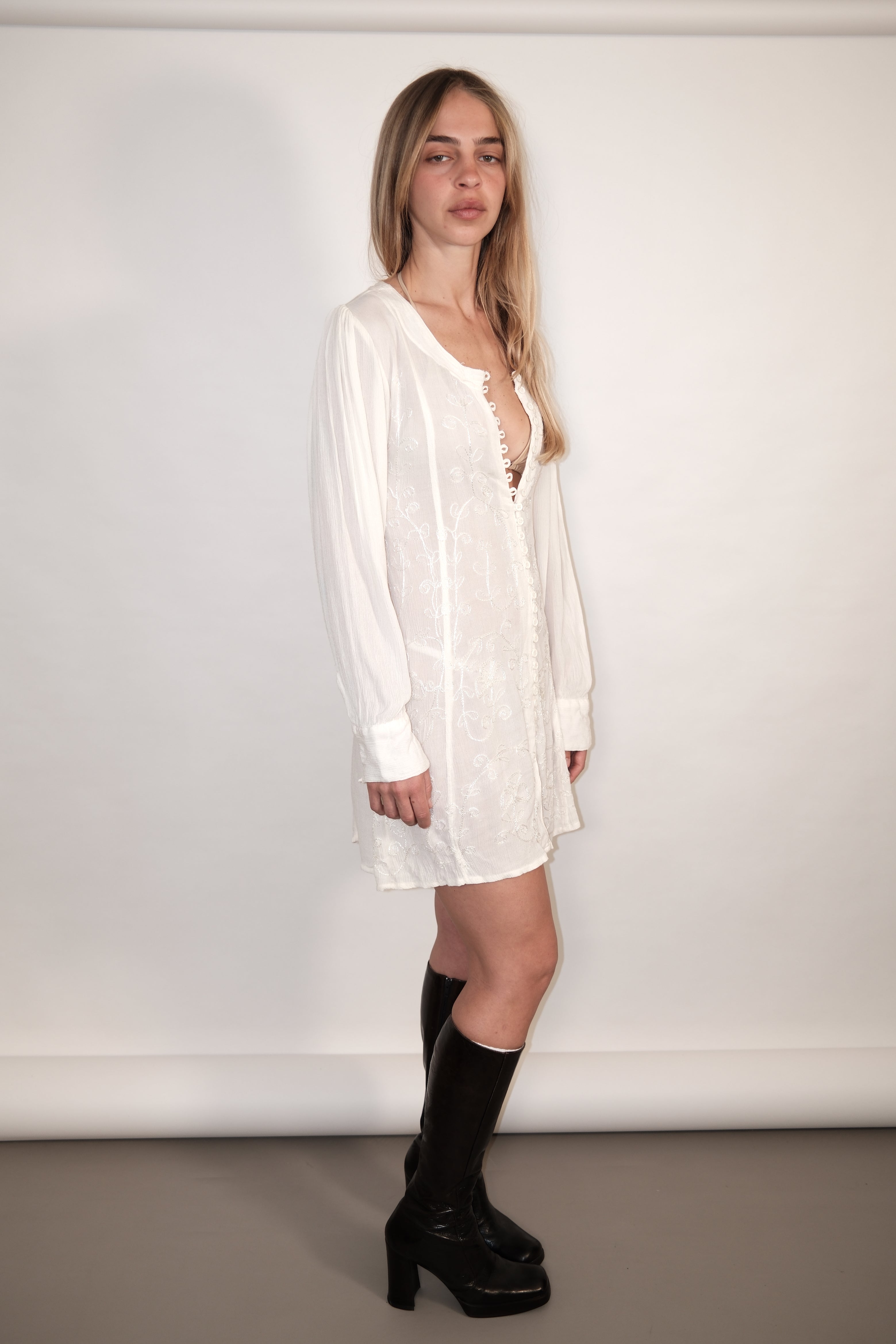 White Semi-Sheer Boho Dress with Embellishments and Front Buttons