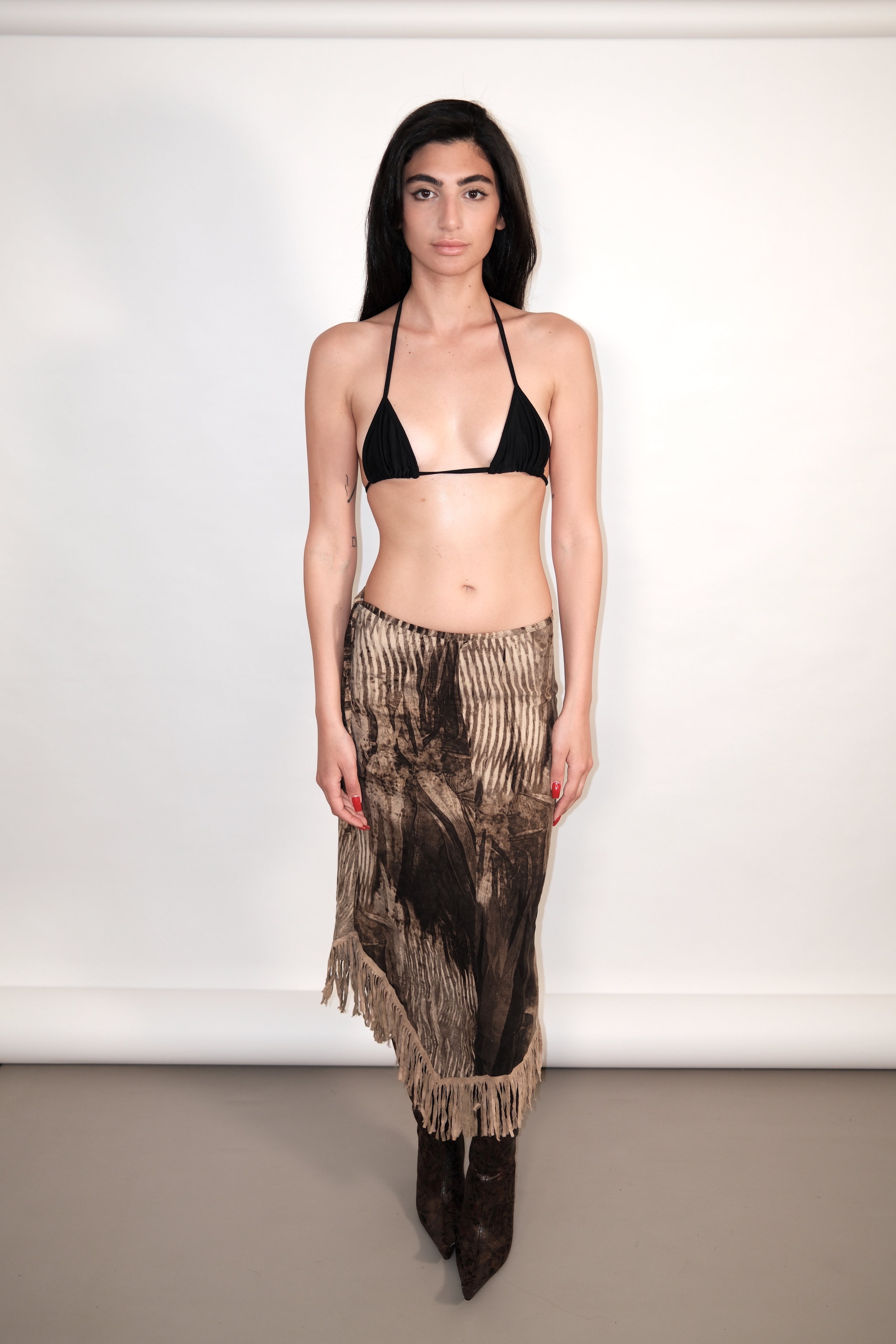Asymmetrical Boho Maxi Skirt with Textured Fabric and Fringe