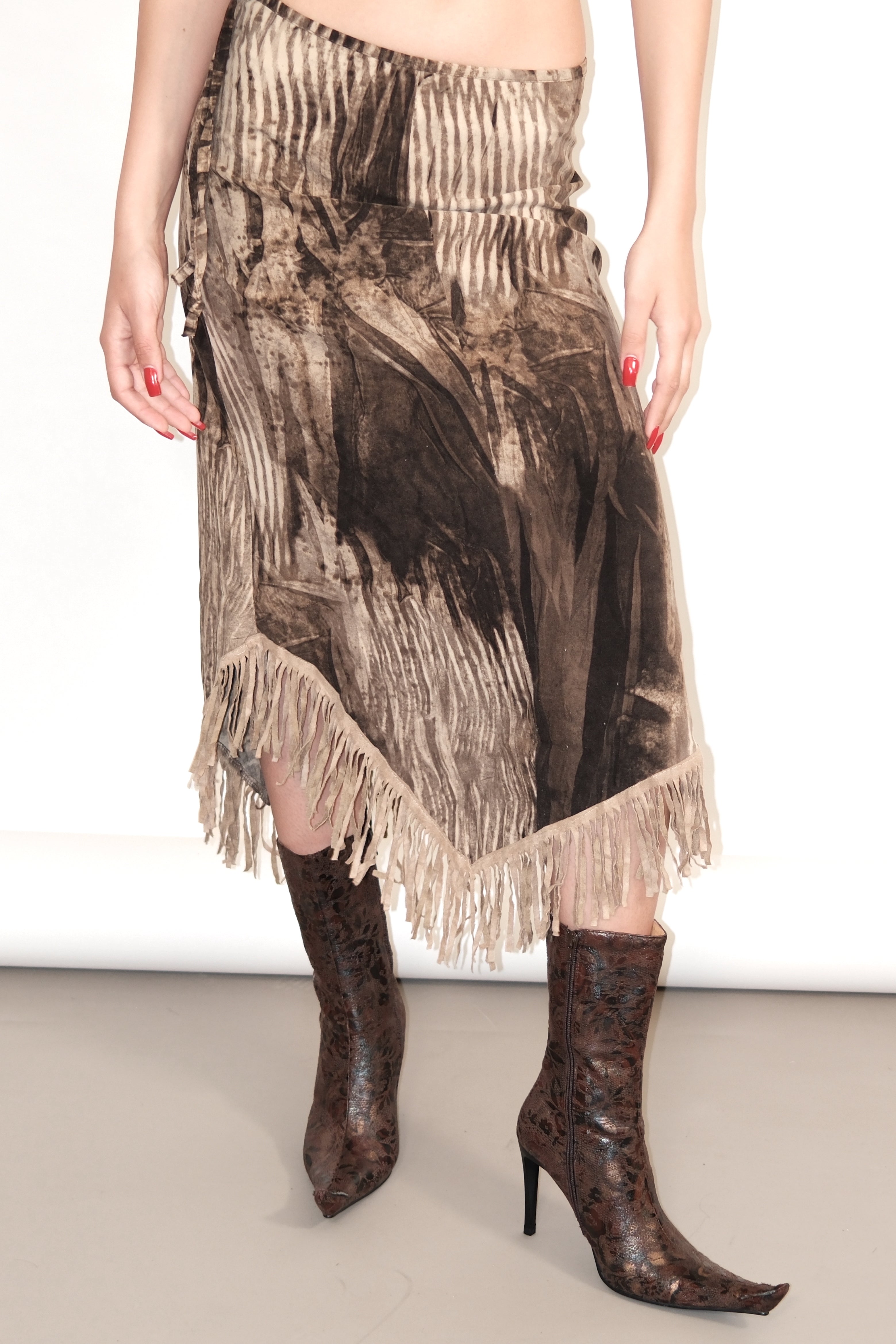 Asymmetrical Boho Maxi Skirt with Textured Fabric and Fringe