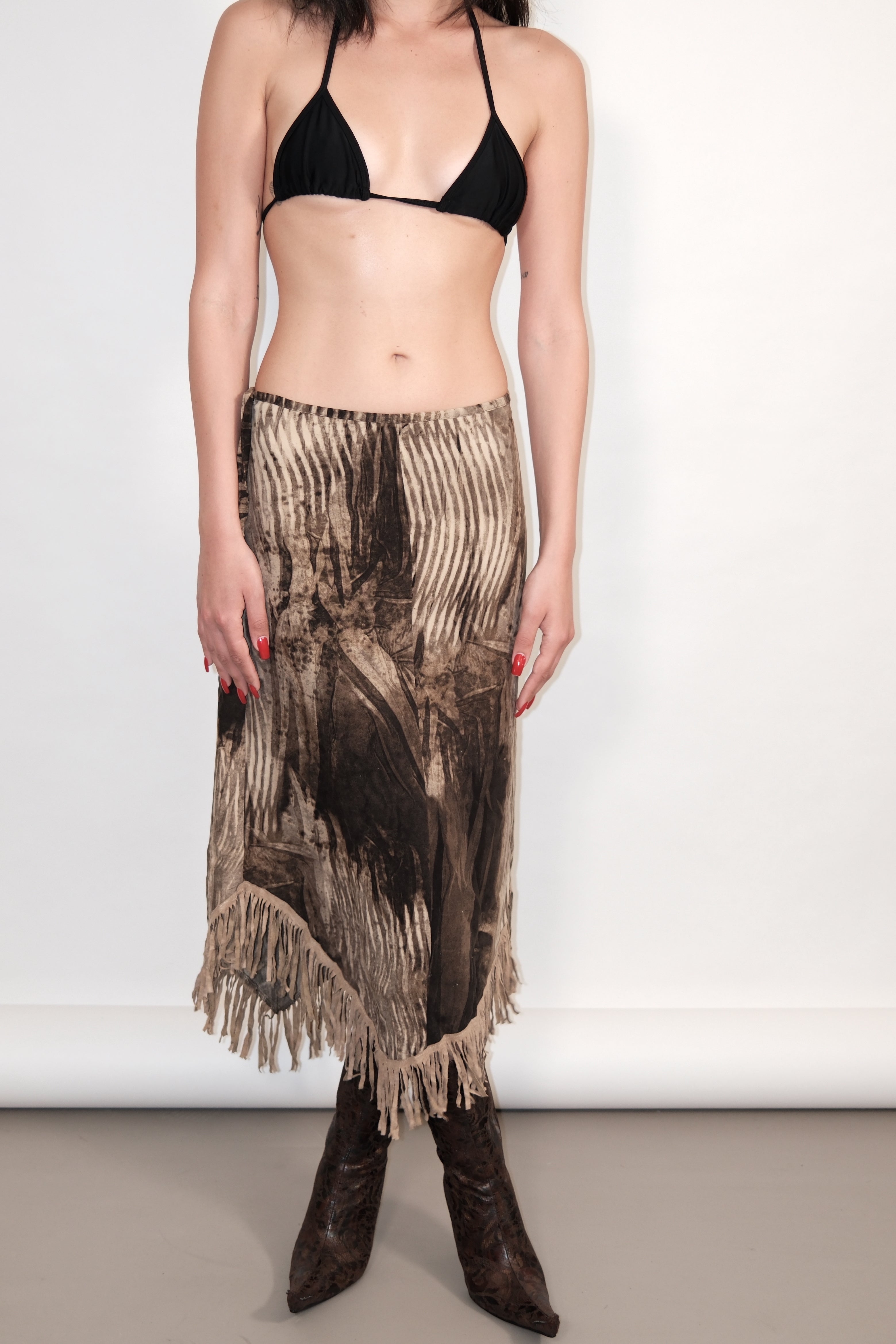 Asymmetrical Boho Maxi Skirt with Textured Fabric and Fringe