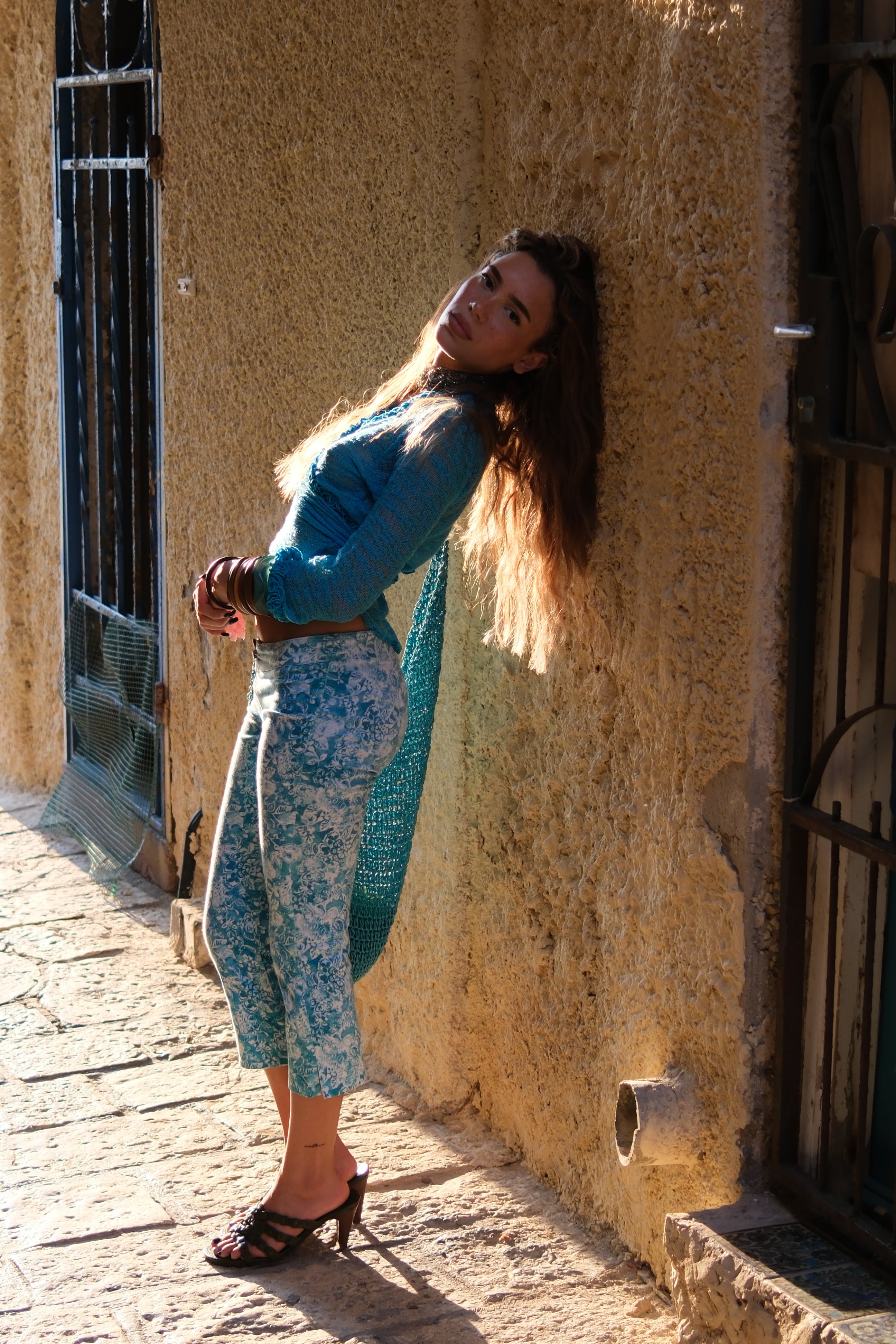 Turquoise Print Capri Pants