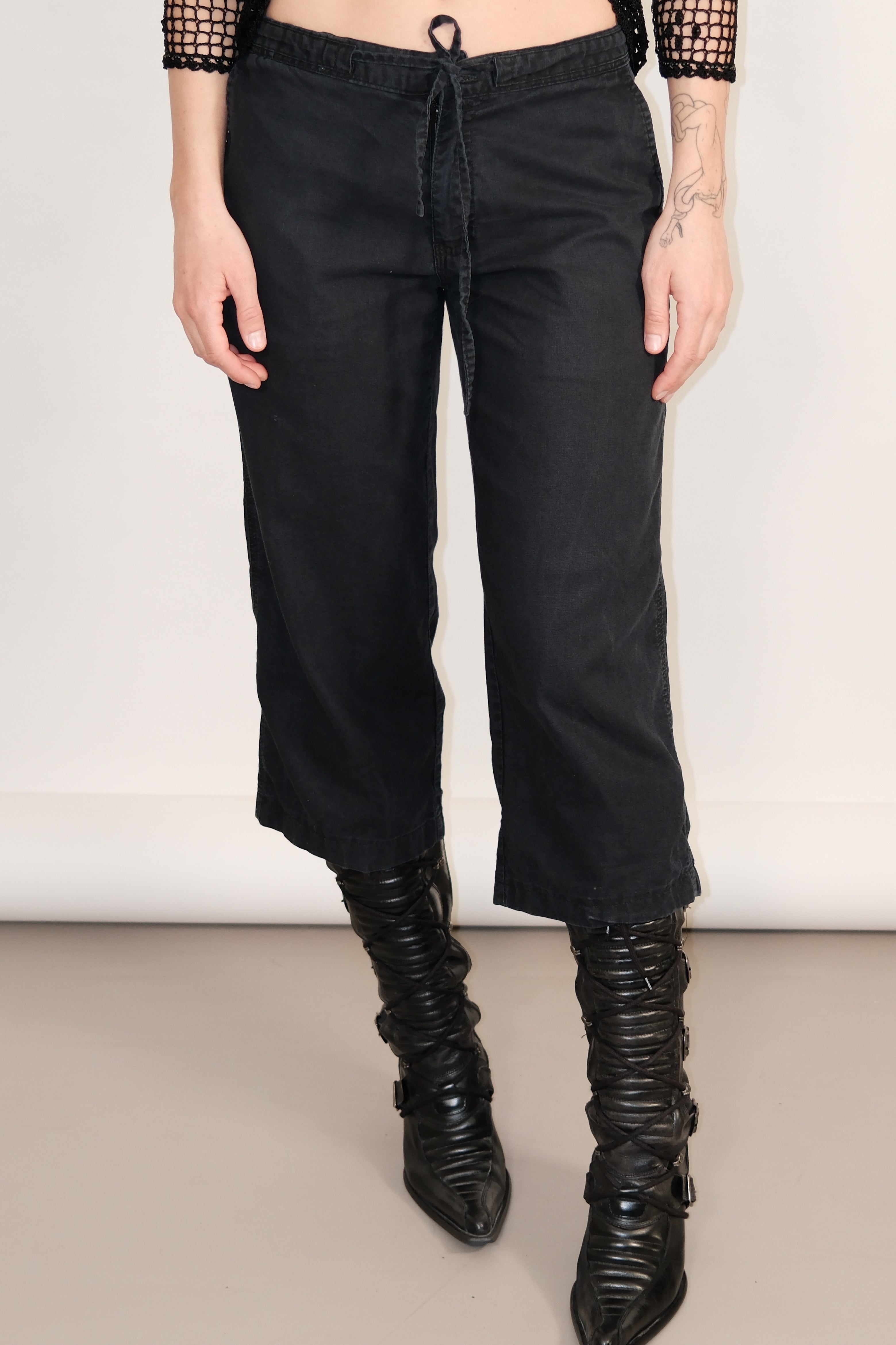 Mid-Low Rise Black Pants with Tie Waist Size 38