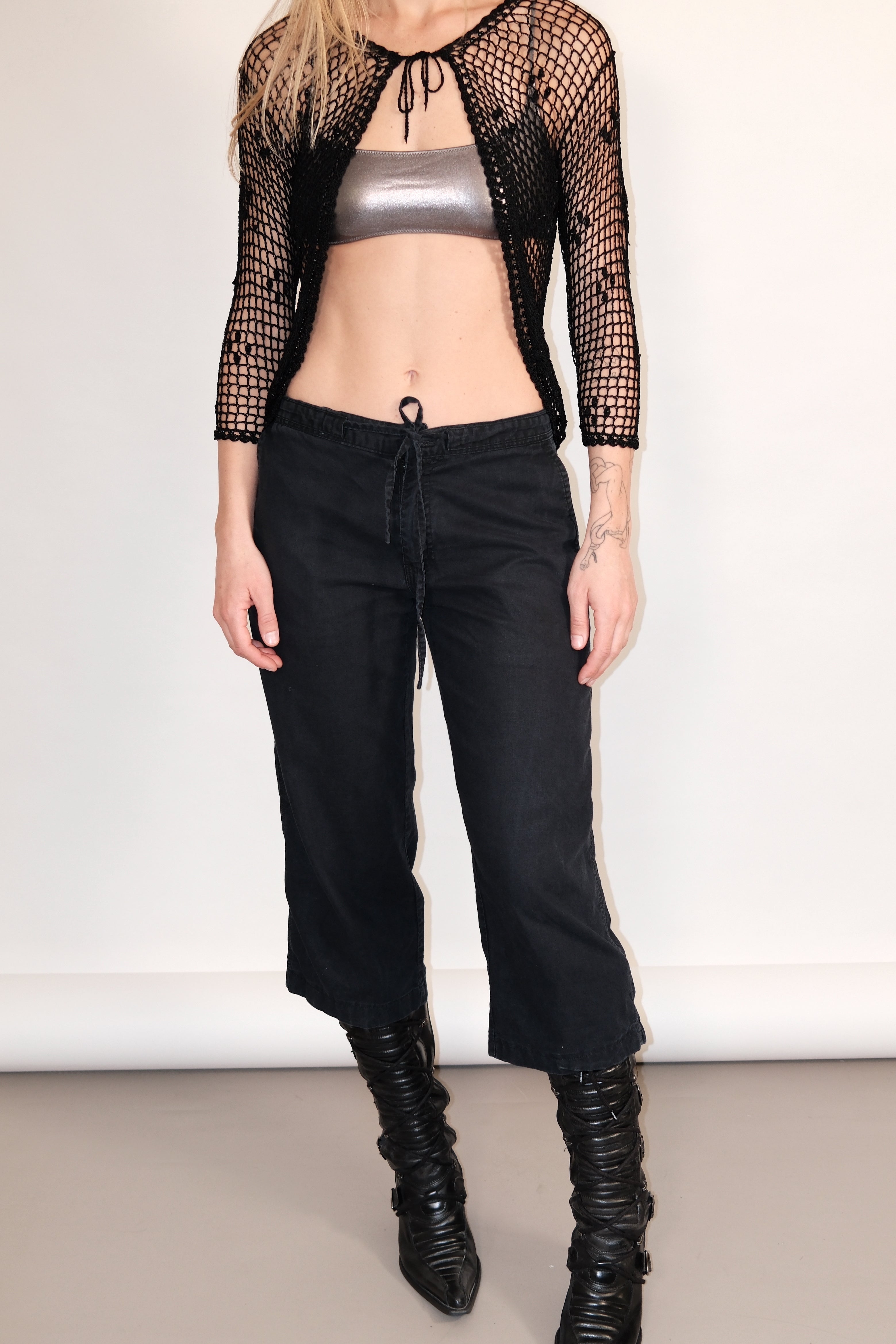 Mid-Low Rise Black Pants with Tie Waist Size 38