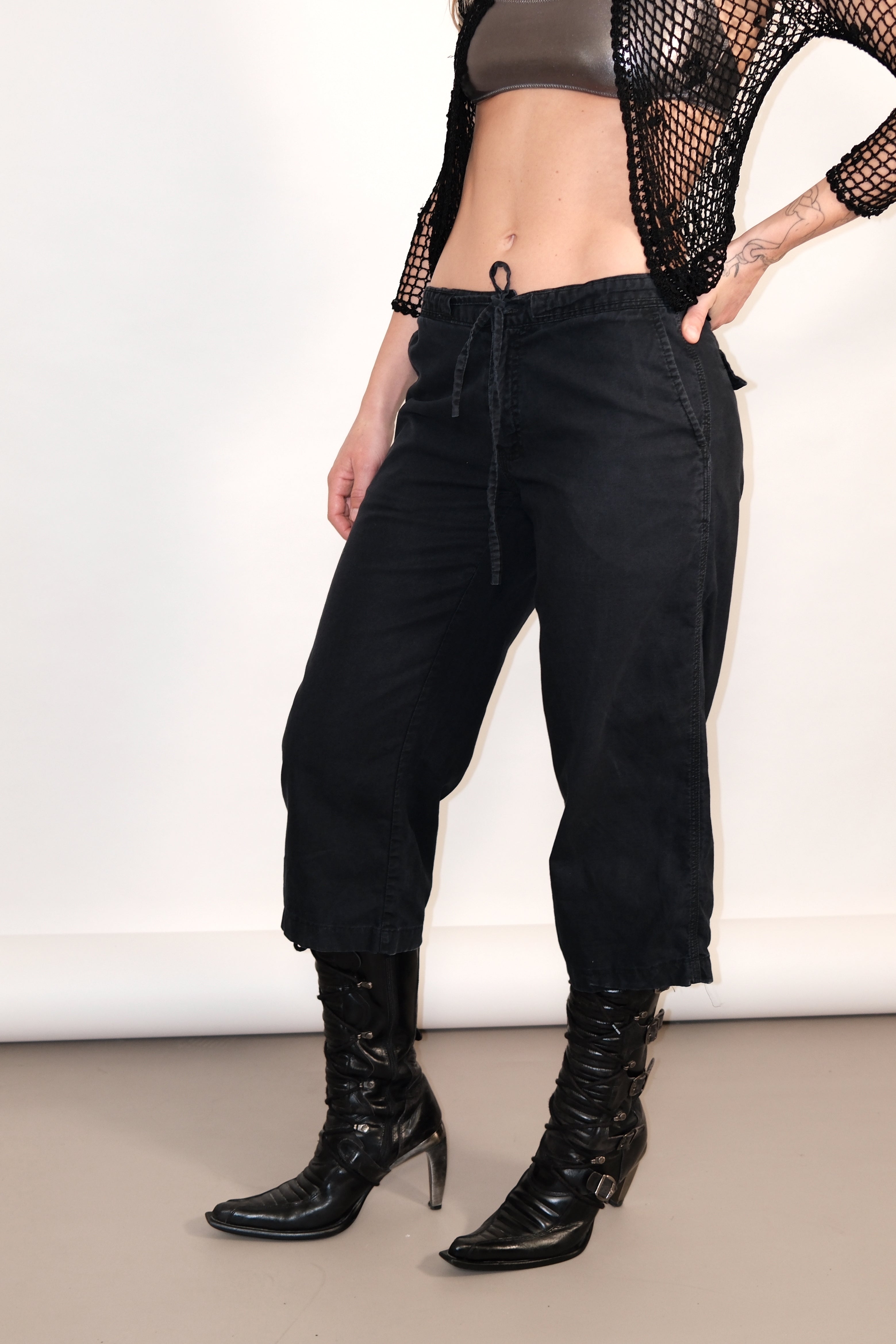 Mid-Low Rise Black Pants with Tie Waist Size 38