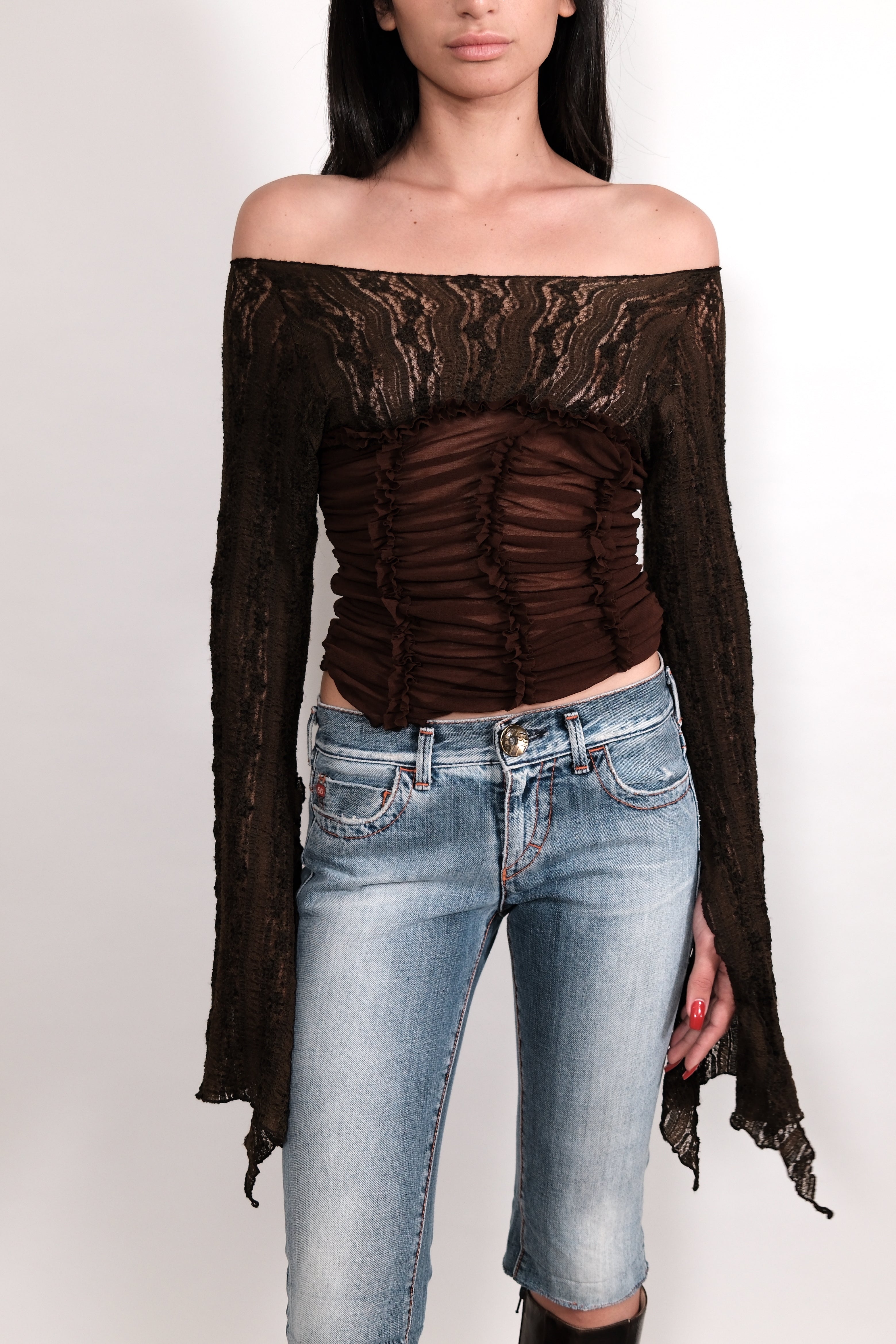 Sheer Brown Top with Flared Sleeves