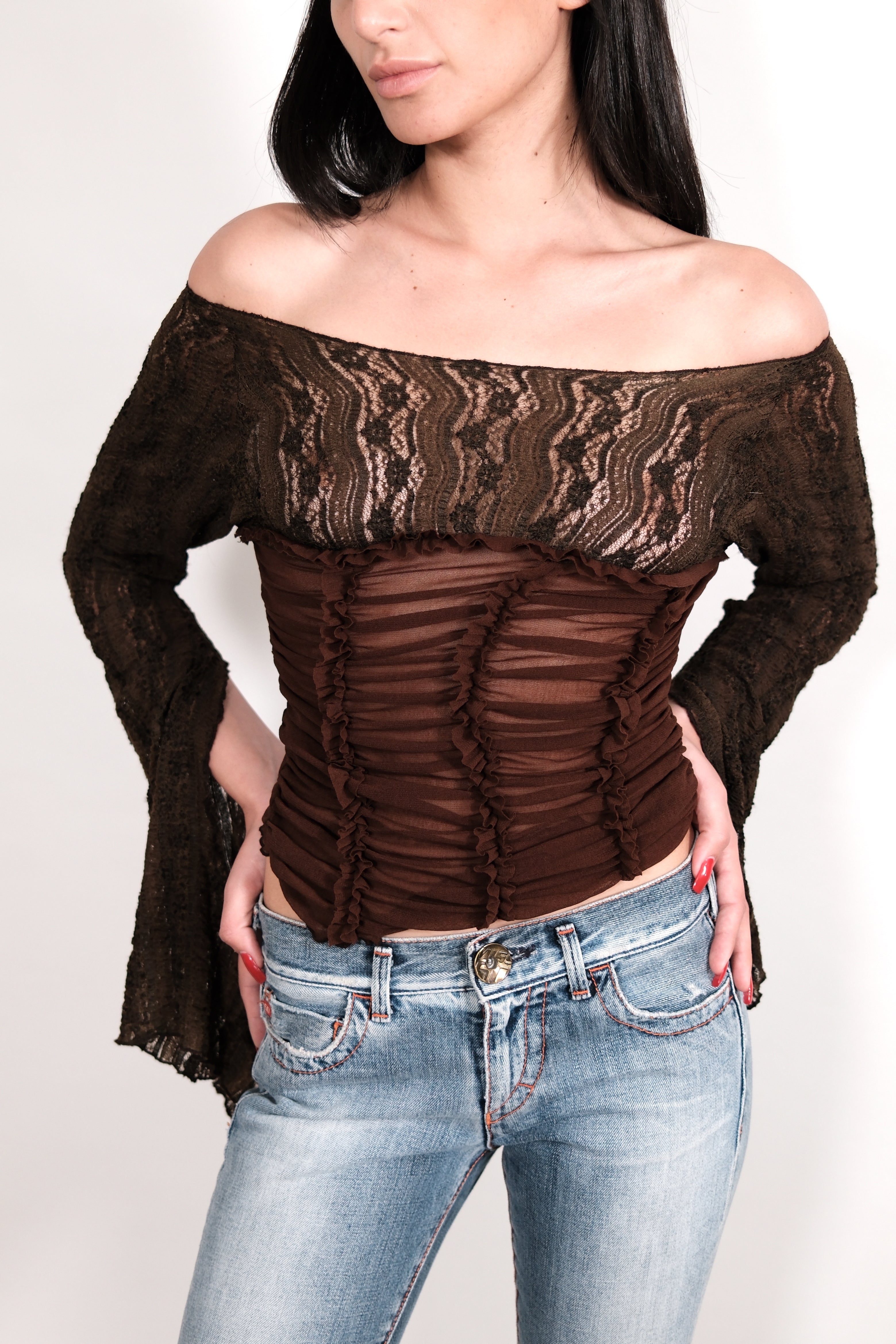 Sheer Brown Top with Flared Sleeves
