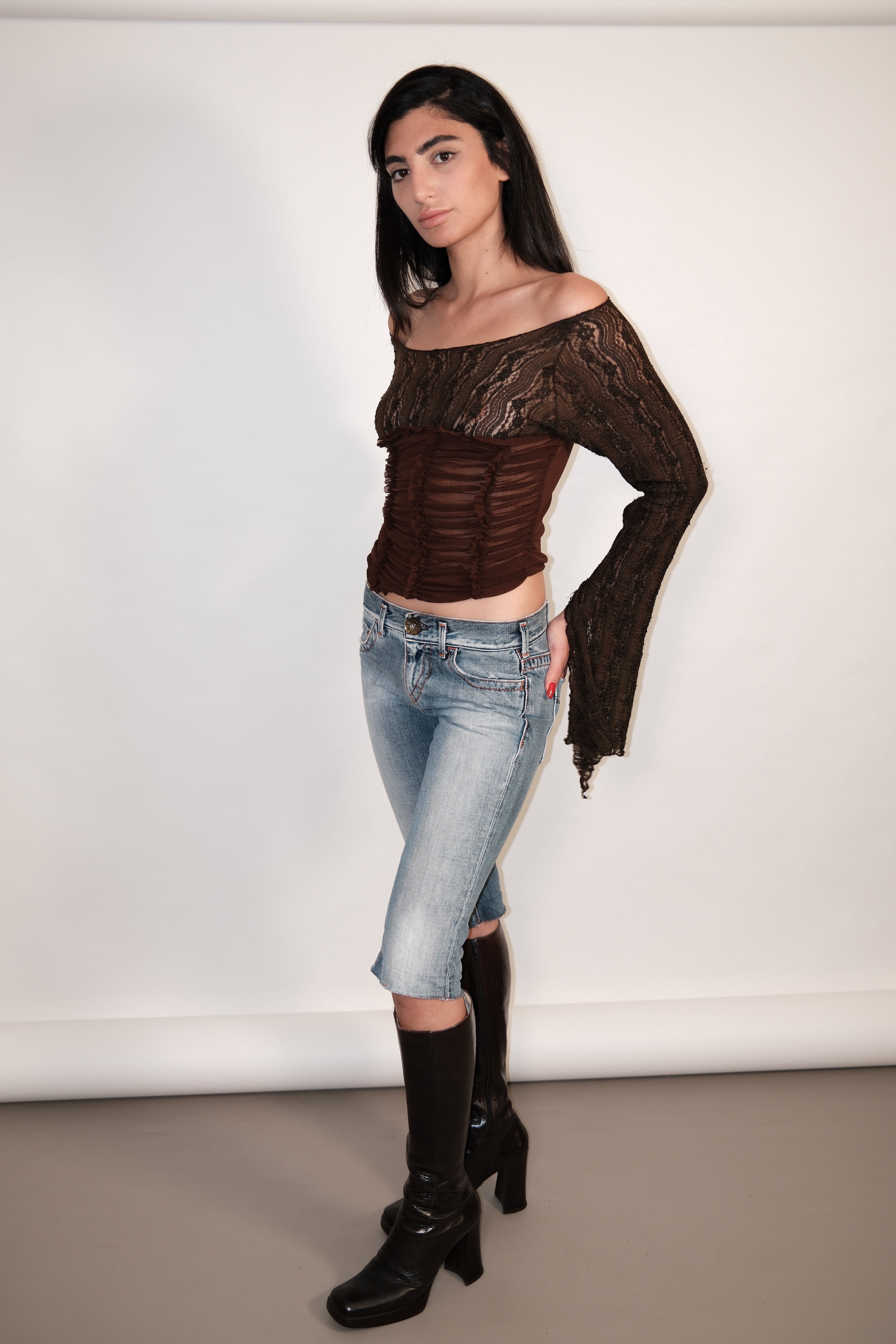 Sheer Brown Top with Flared Sleeves