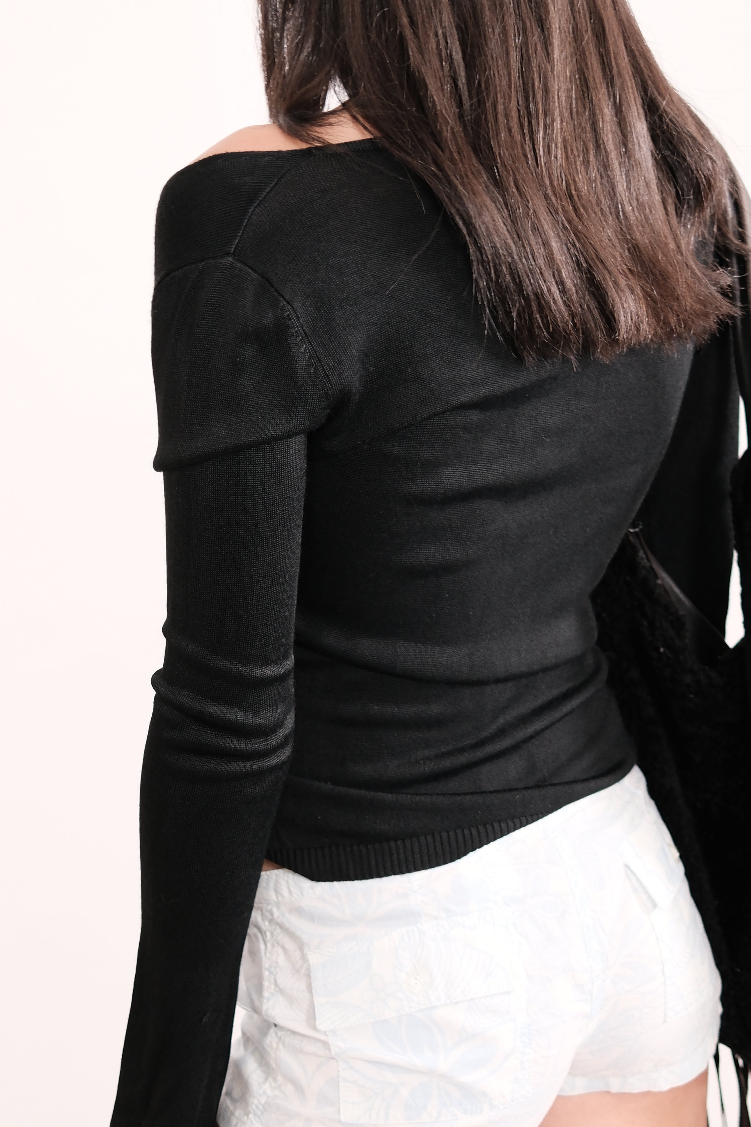 Black Off-Shoulder Knit Top With Buttons