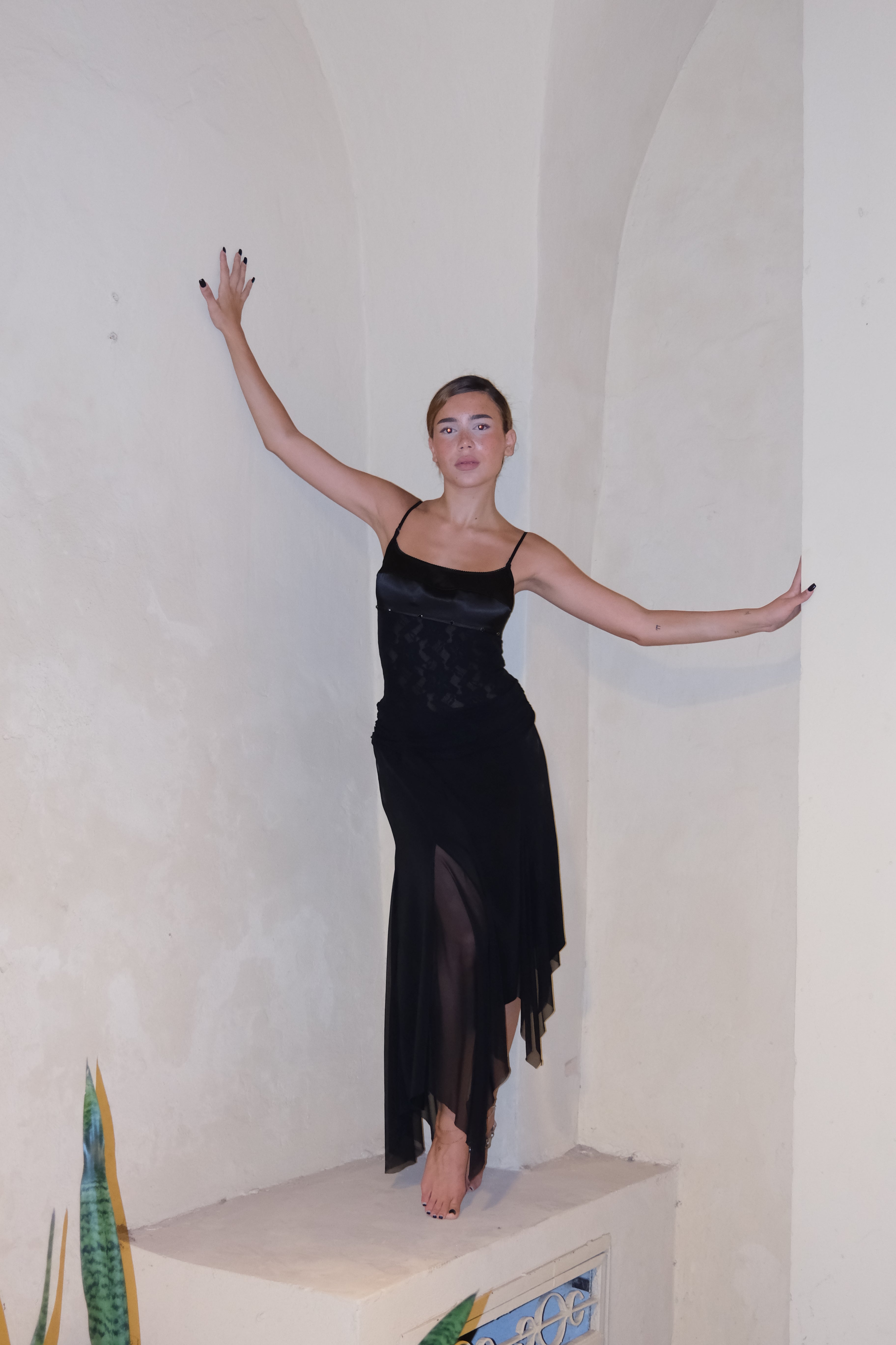 Long Mesh and Satin Black Dress