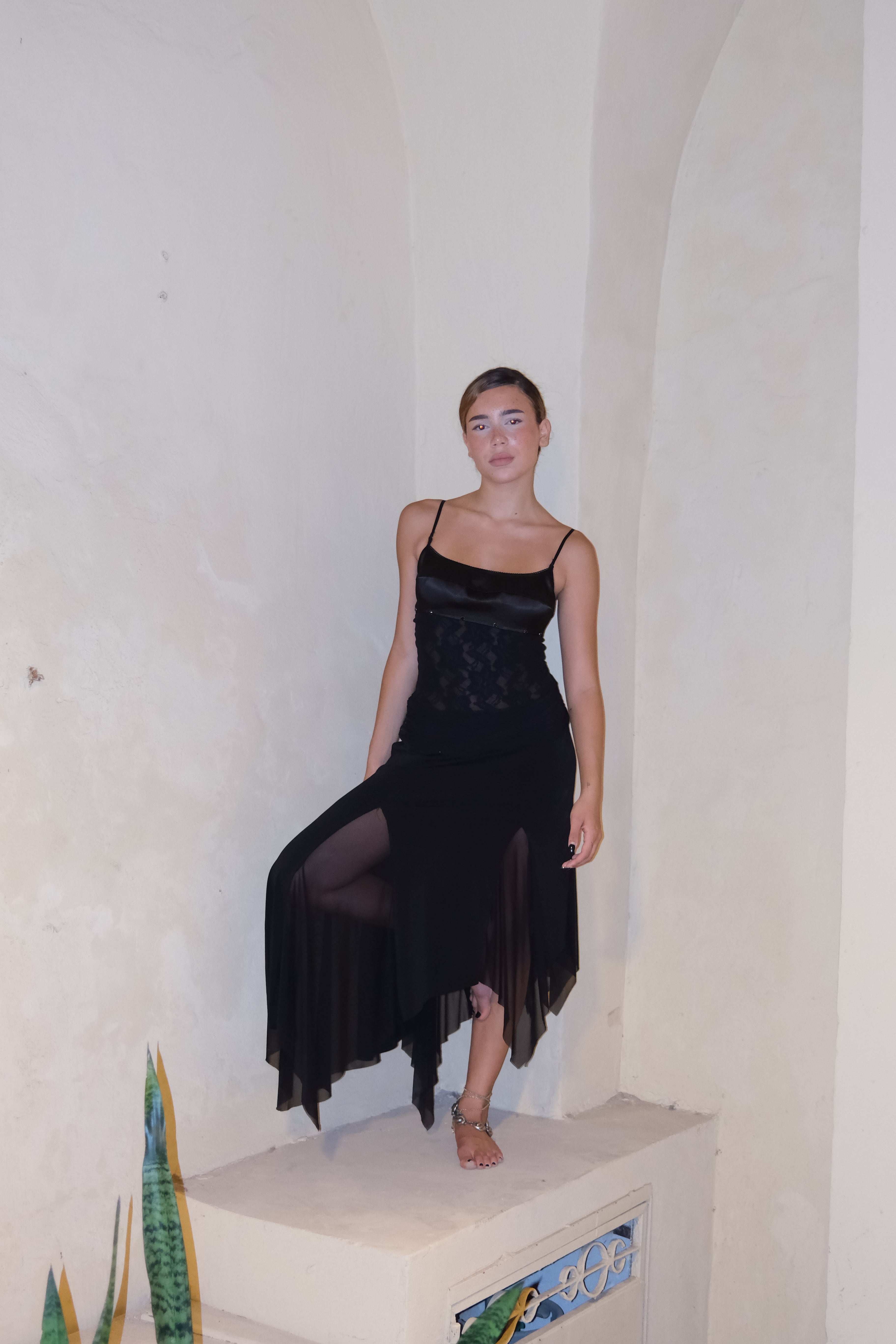 Long Mesh and Satin Black Dress