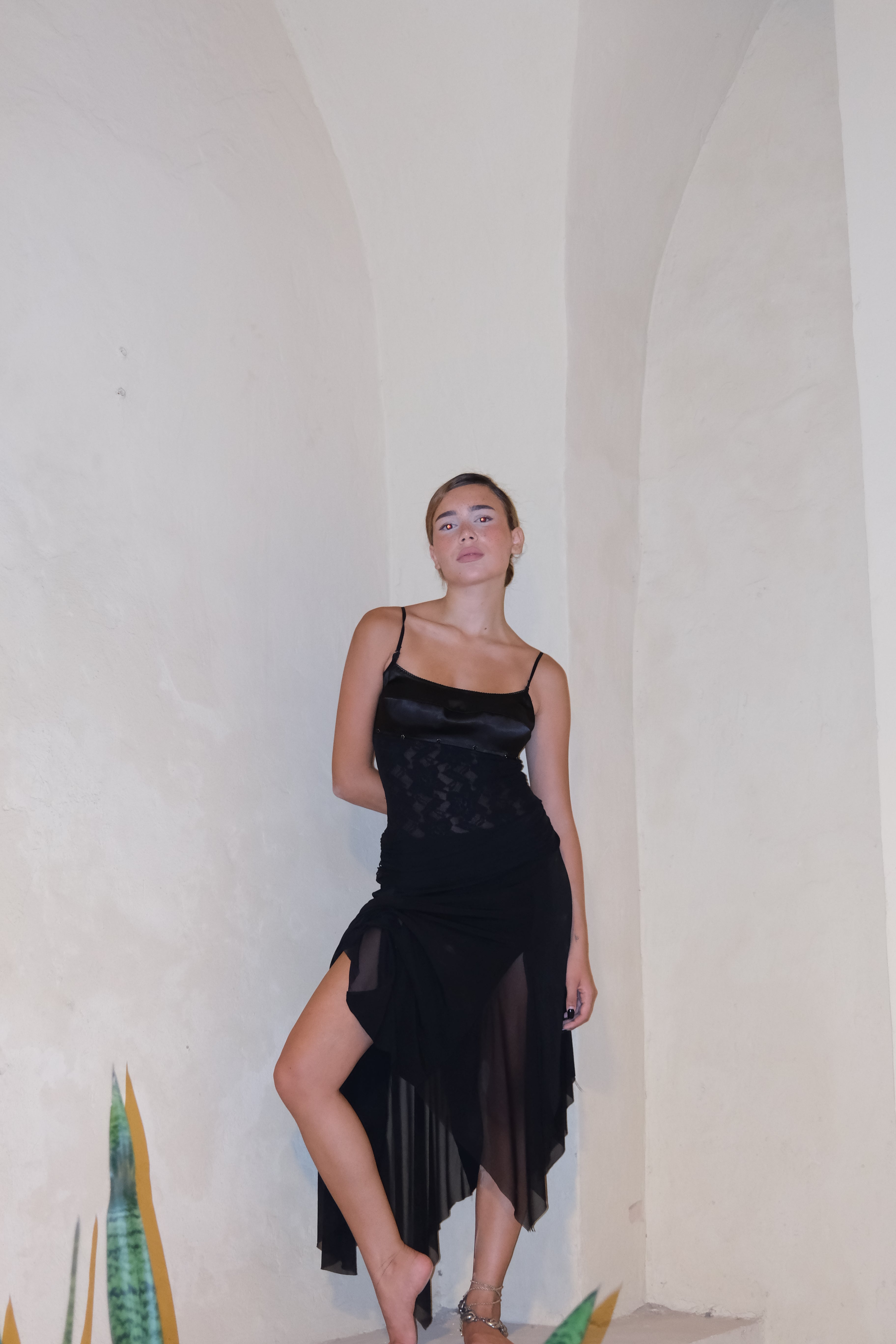 Long Mesh and Satin Black Dress