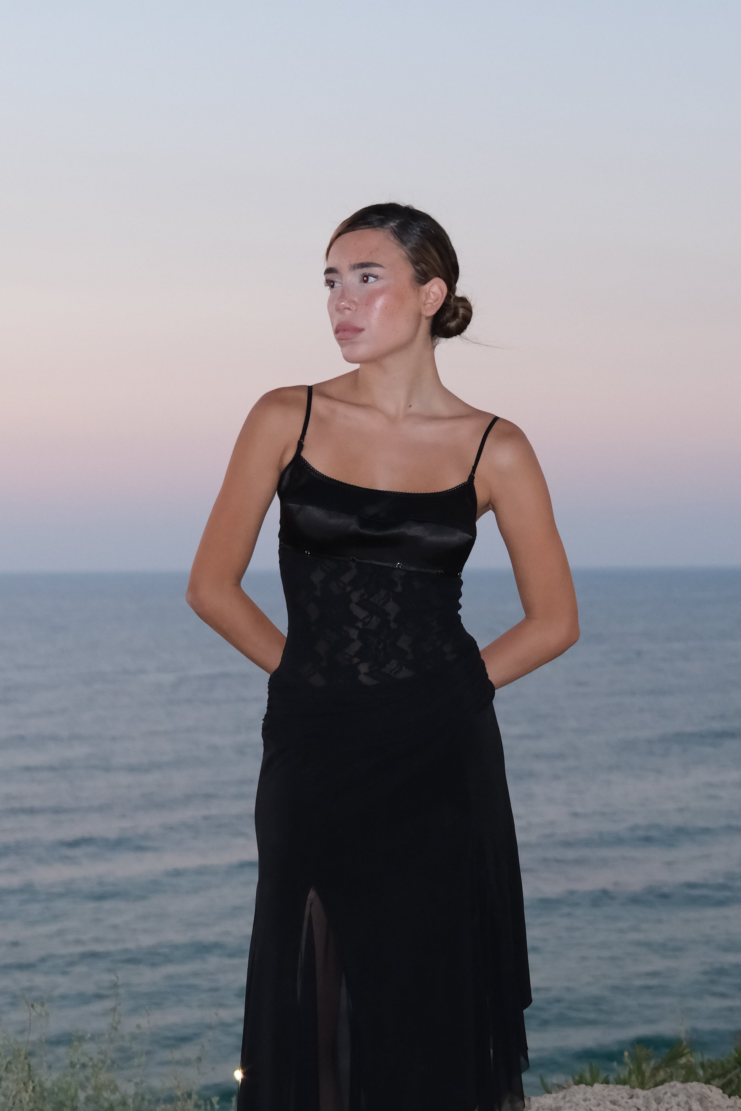 Long Mesh and Satin Black Dress