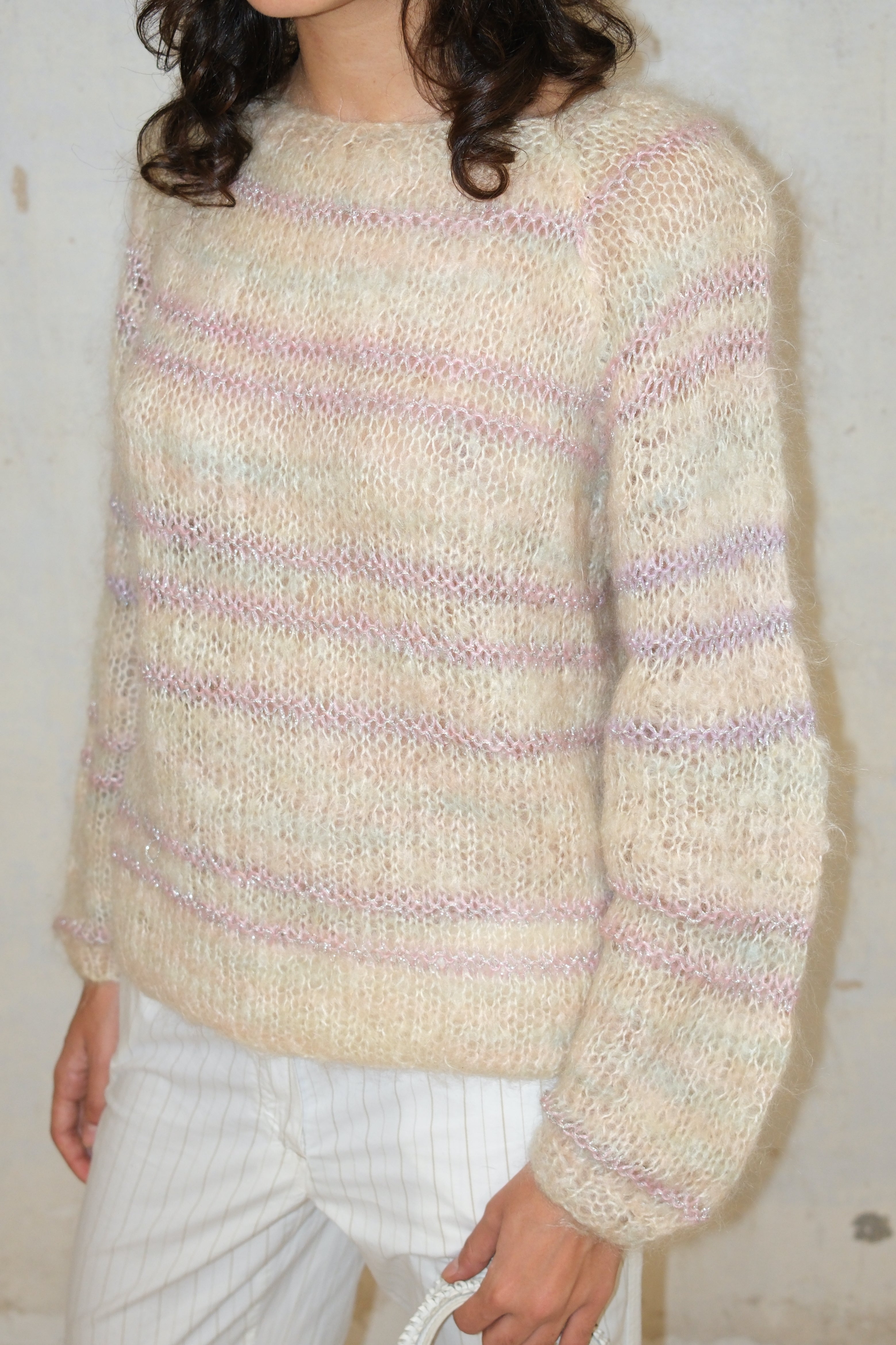CREAM FUZZY PASTEL STRIPE SWEATER