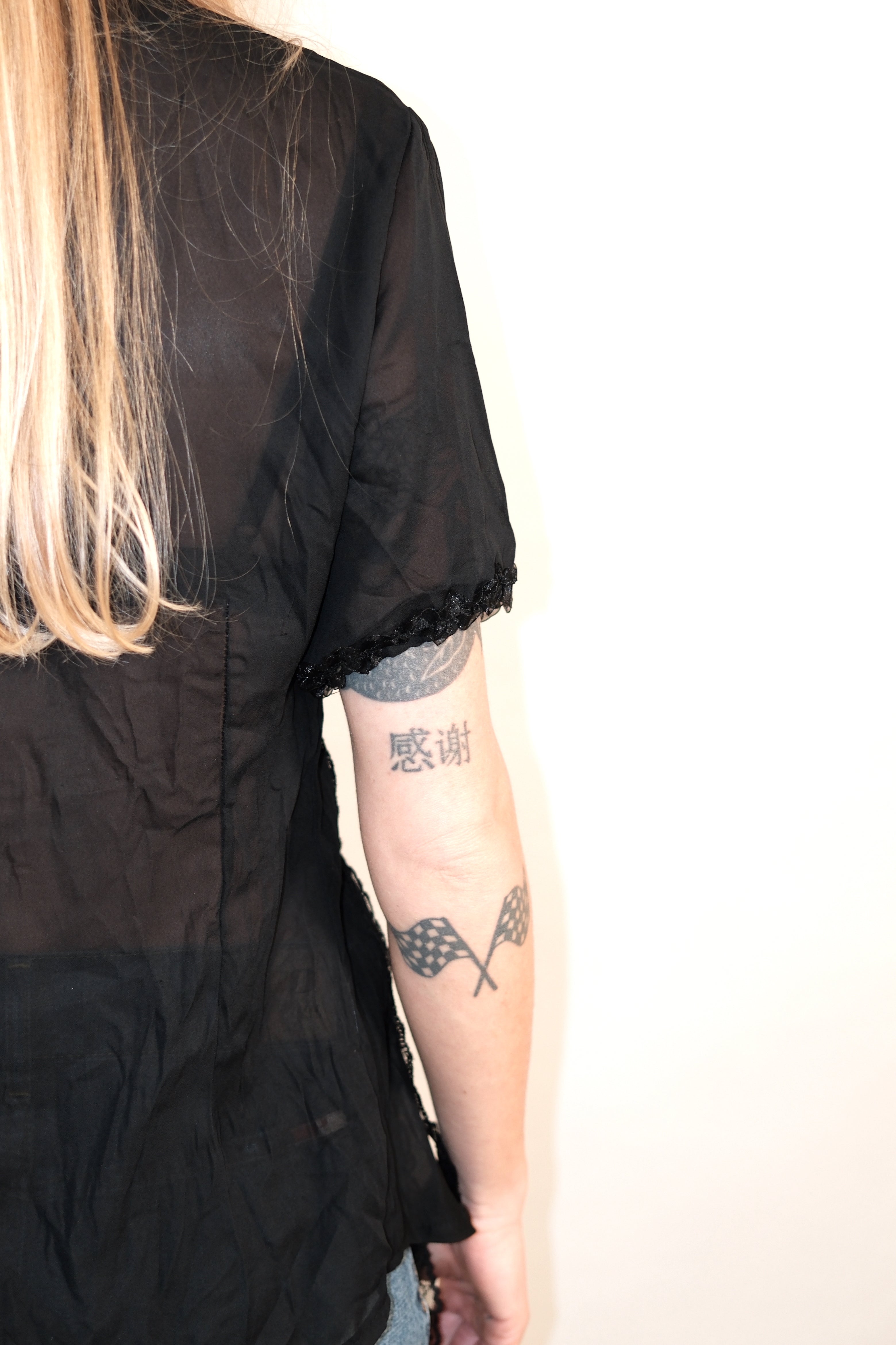 Sheer Mesh Tie Front Black Shirt