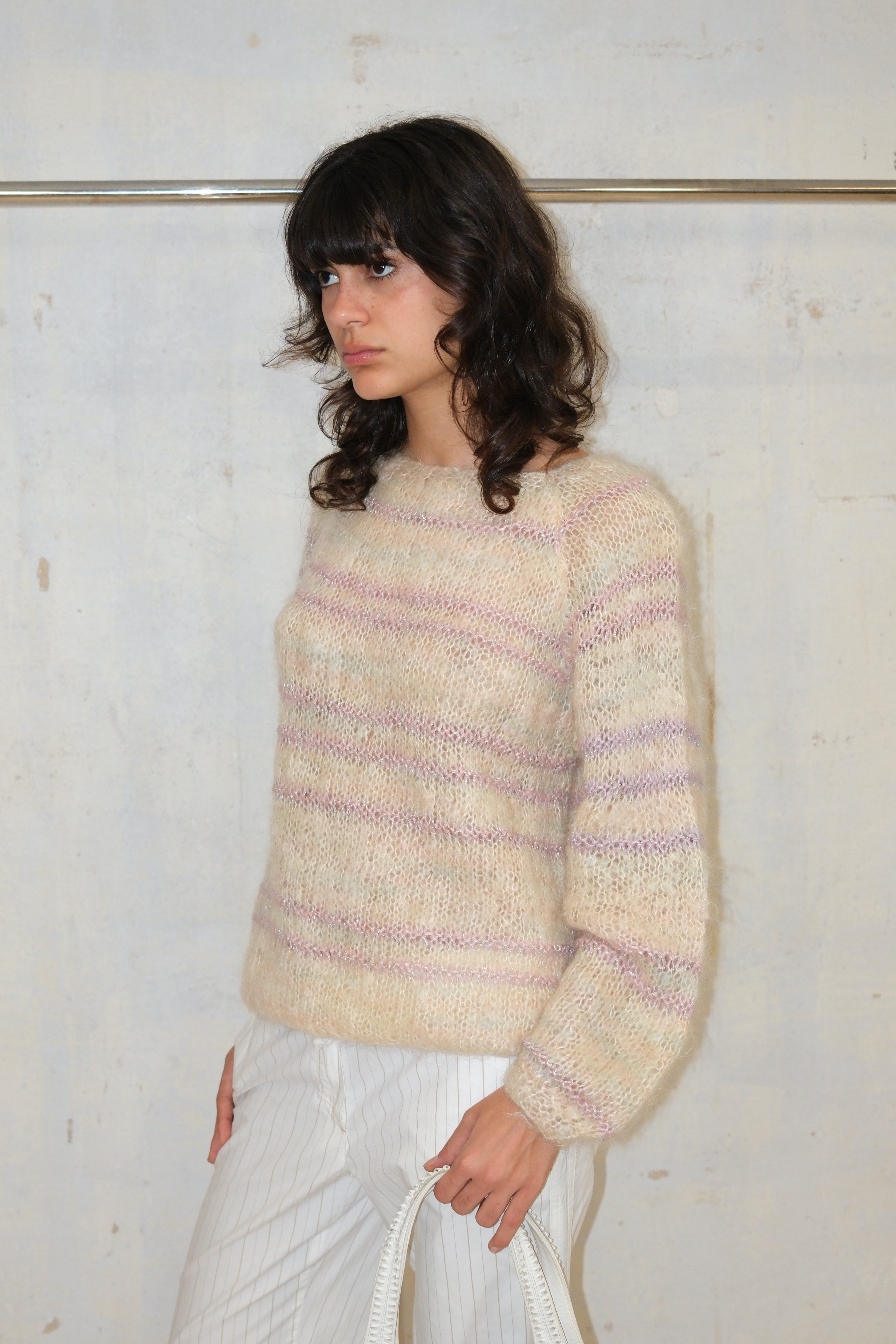CREAM FUZZY PASTEL STRIPE SWEATER