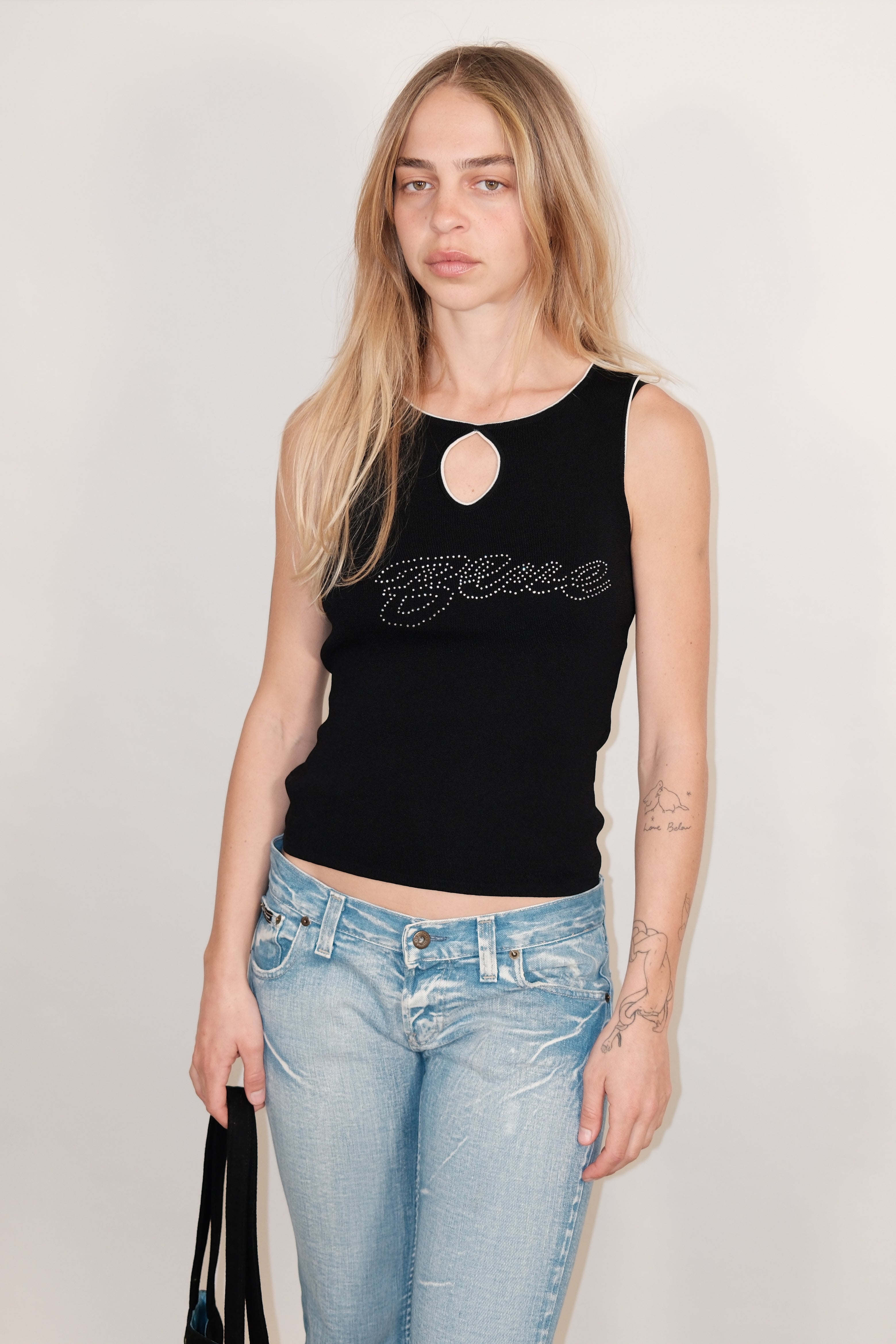 Black Cropped Tank Top with Round Cutout and Sparkling 'Belle' Detail