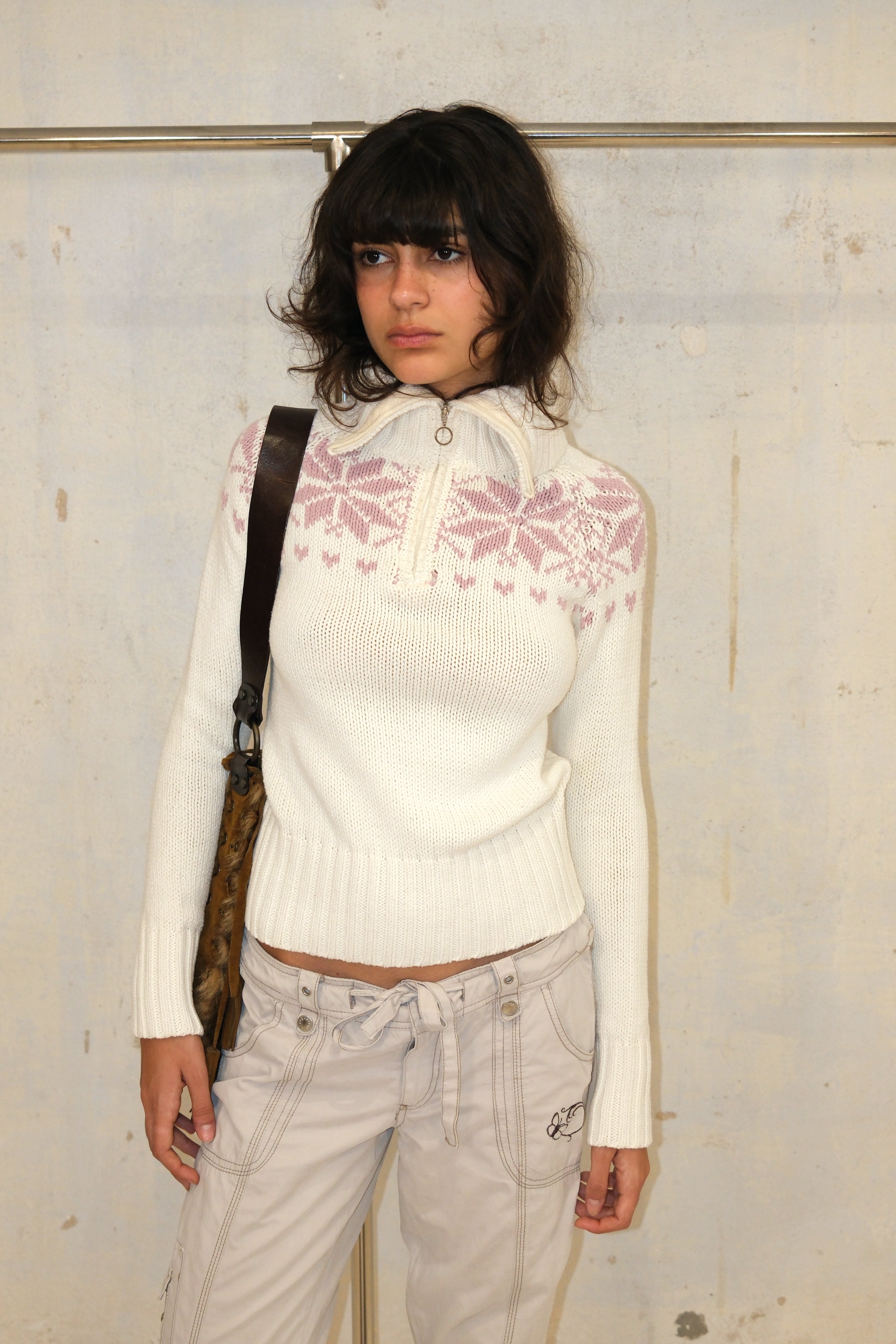 PINK SNOWFLAKES ZIP SWEATER TOP