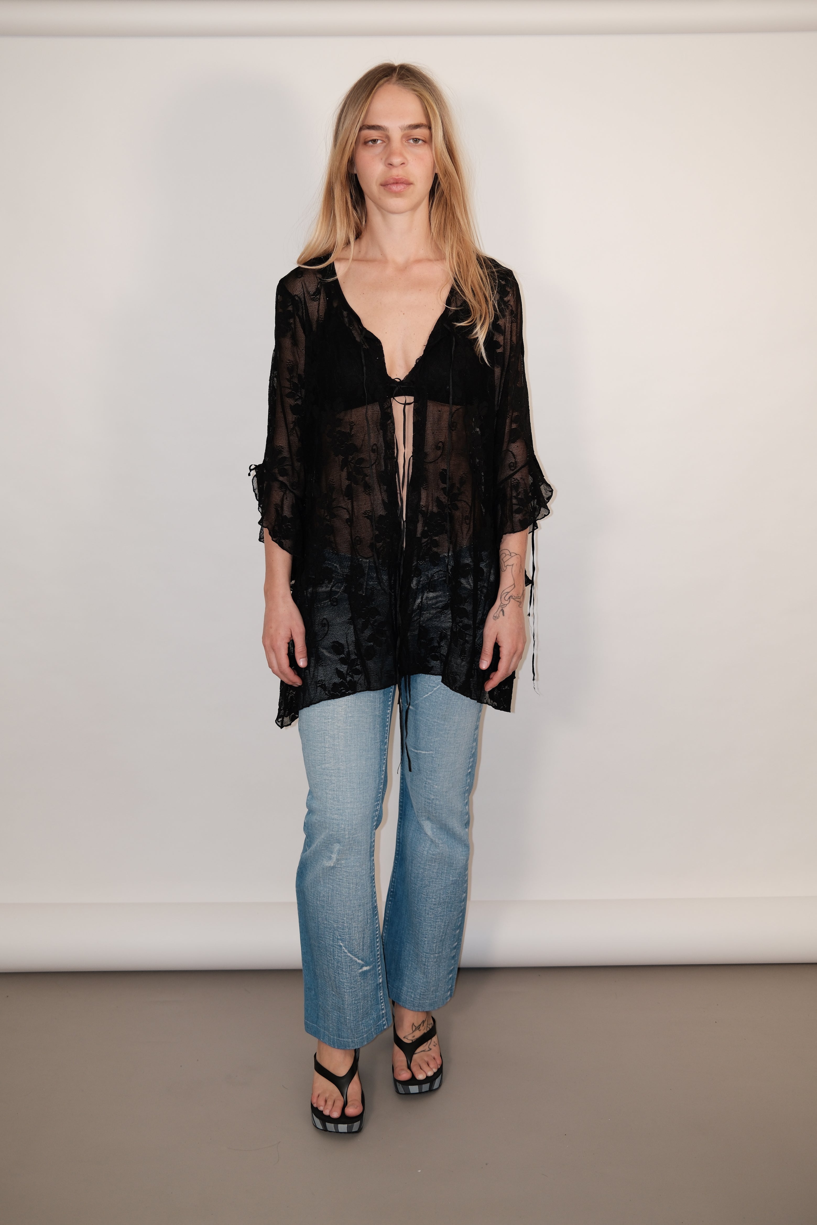 Black Lace Long Sleeve Top with Lace-Up and Glitter Details