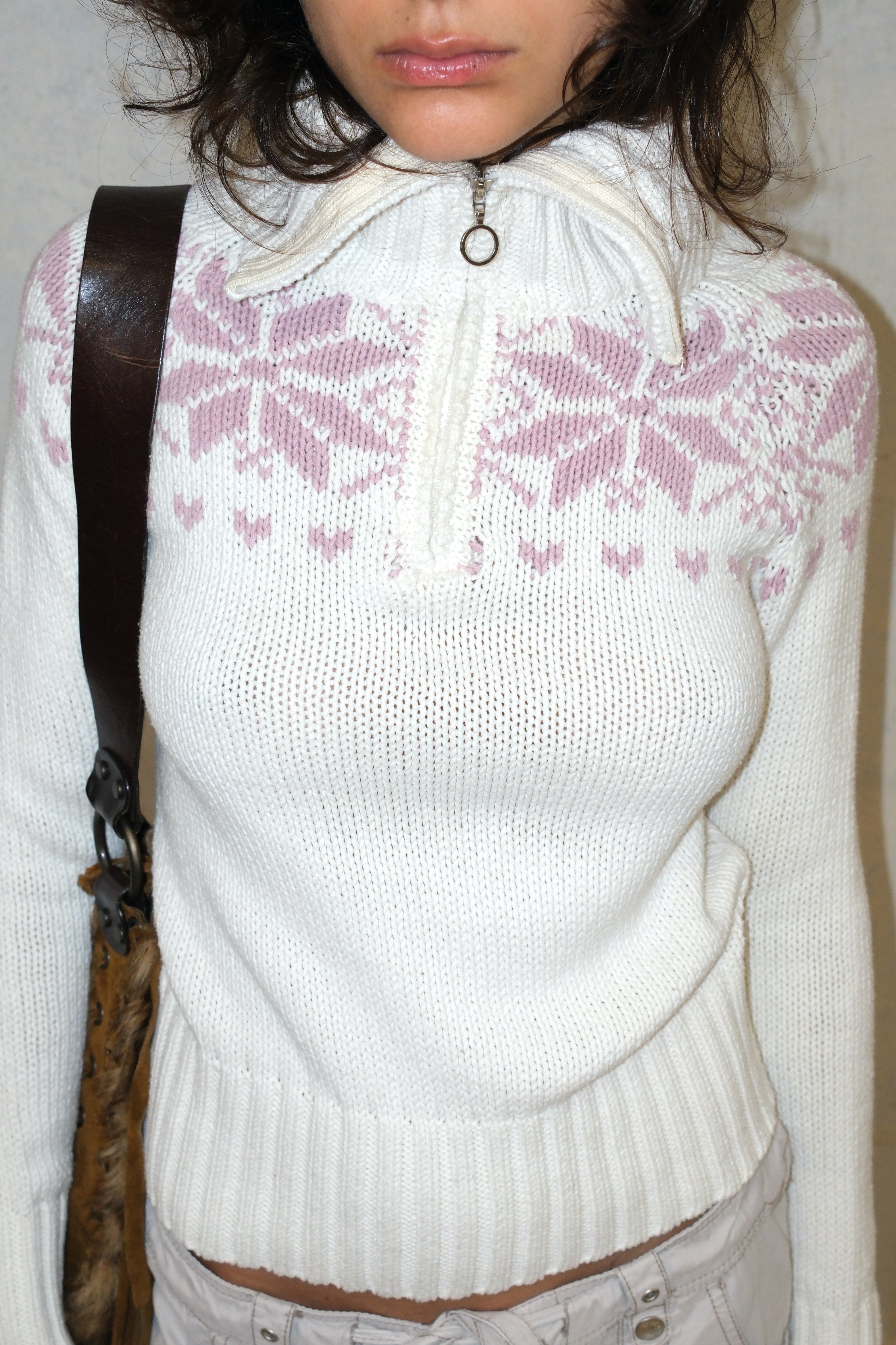 PINK SNOWFLAKES ZIP SWEATER TOP