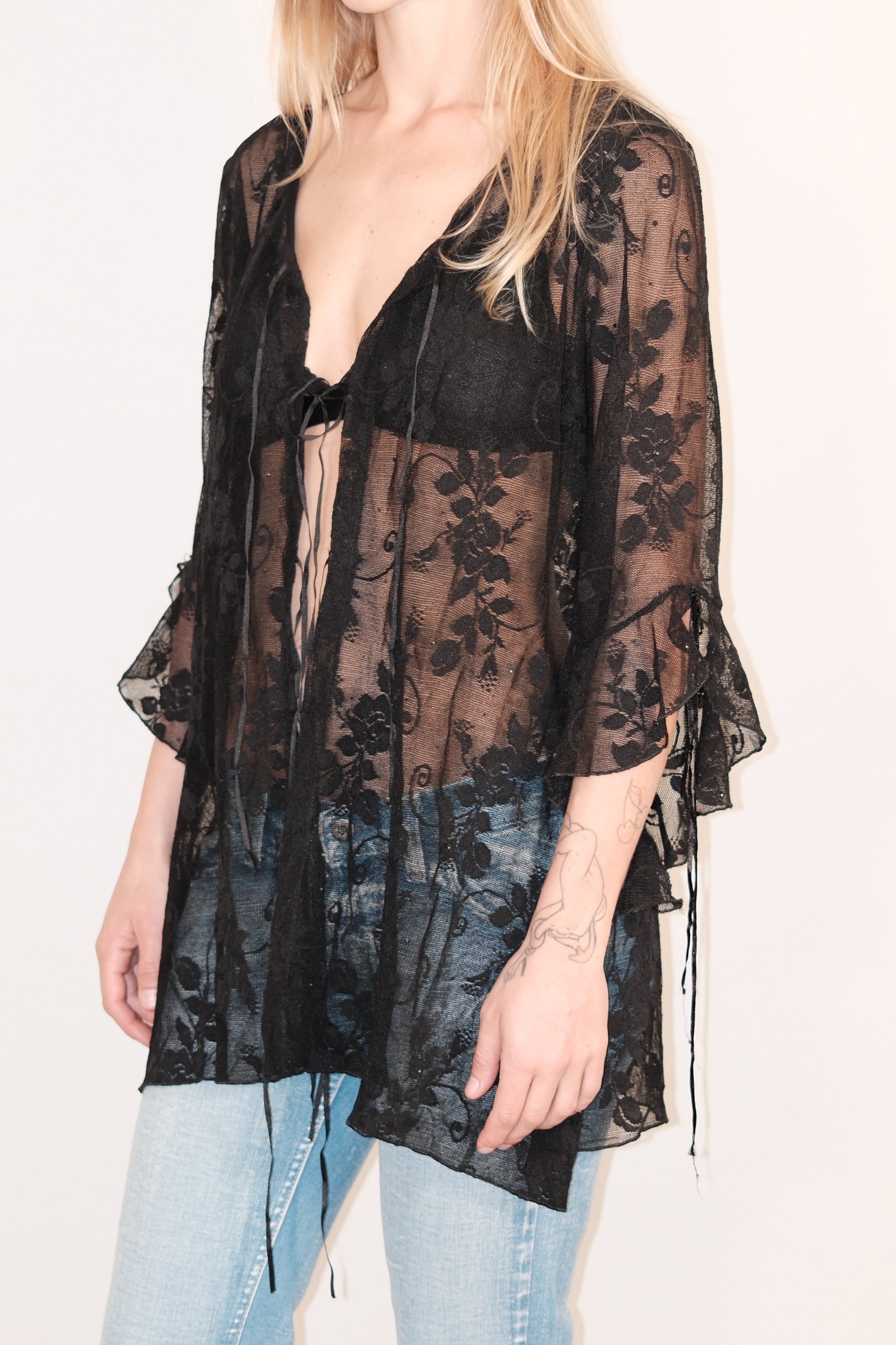 Black Lace Long Sleeve Top with Lace-Up and Glitter Details