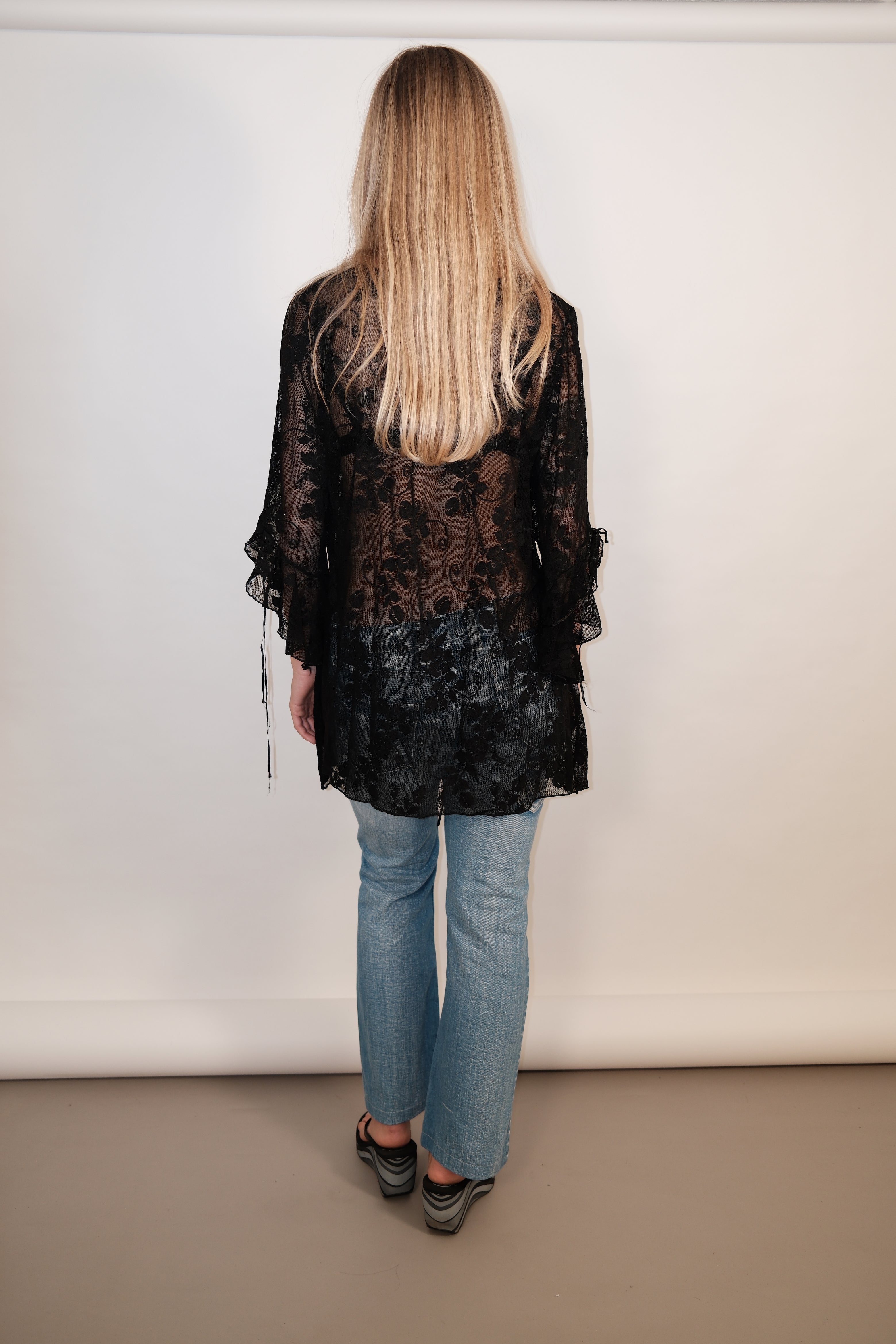 Black Lace Long Sleeve Top with Lace-Up and Glitter Details