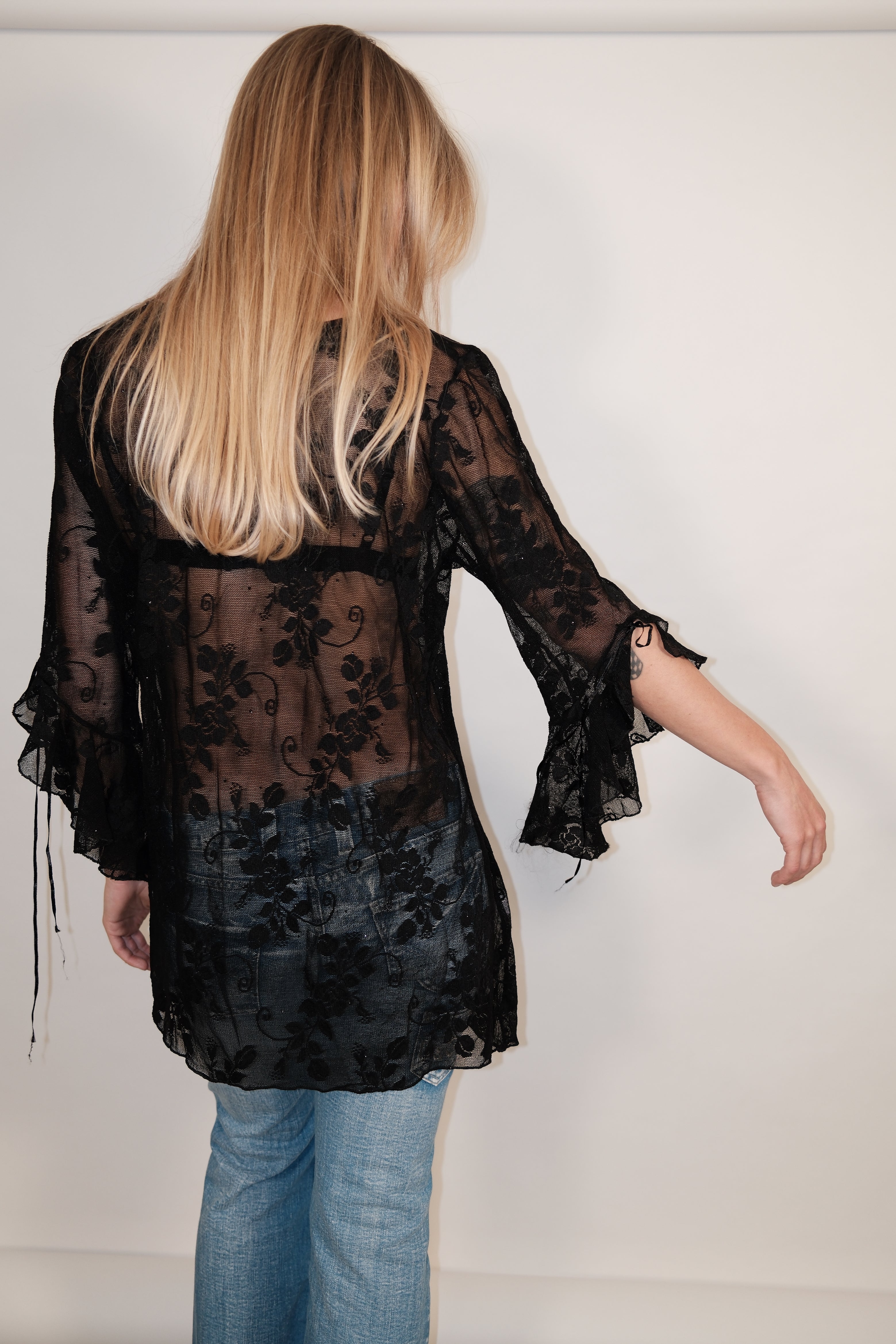Black Lace Long Sleeve Top with Lace-Up and Glitter Details