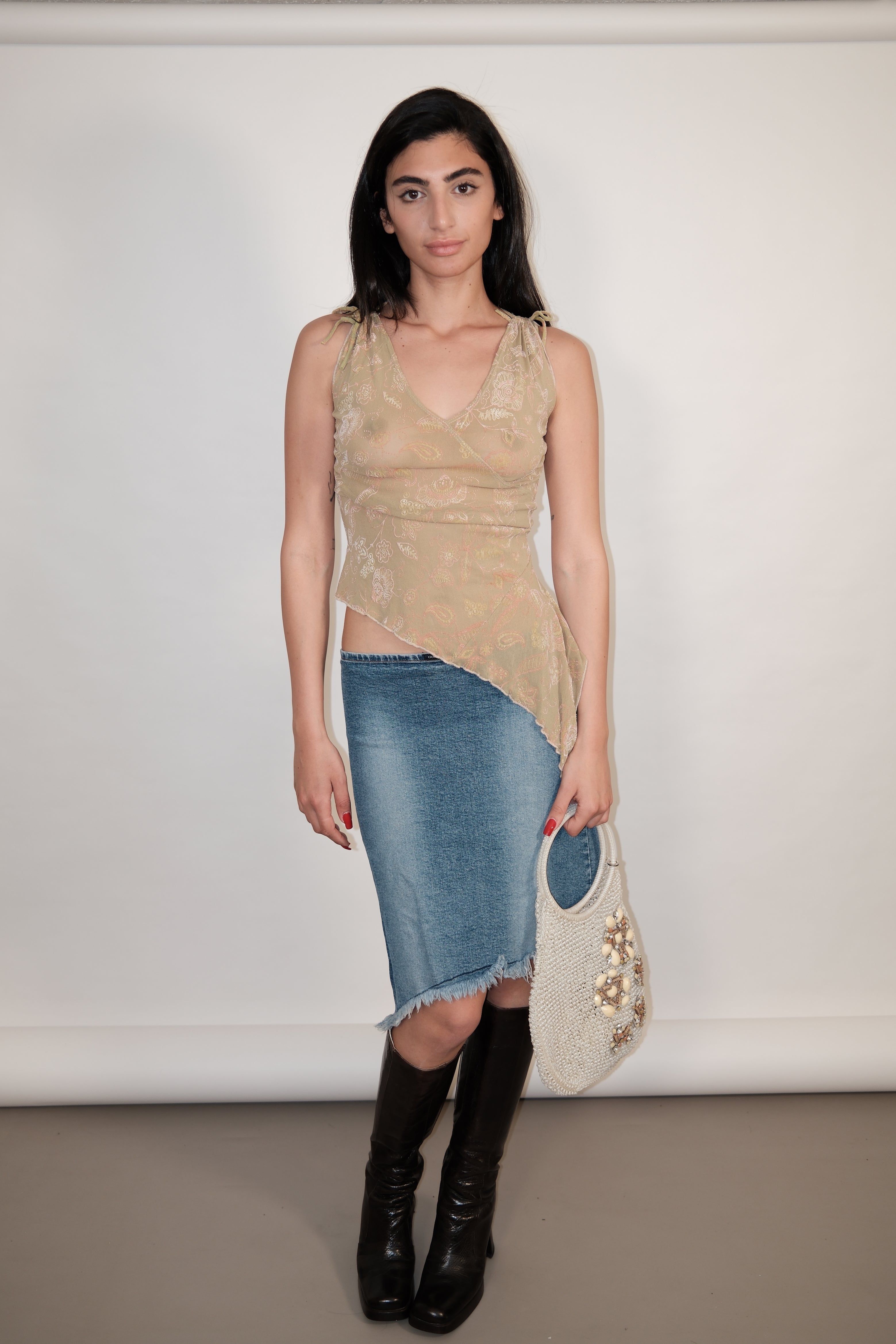 Green Asymmetric Top with Pink Details and Shoulder Laces