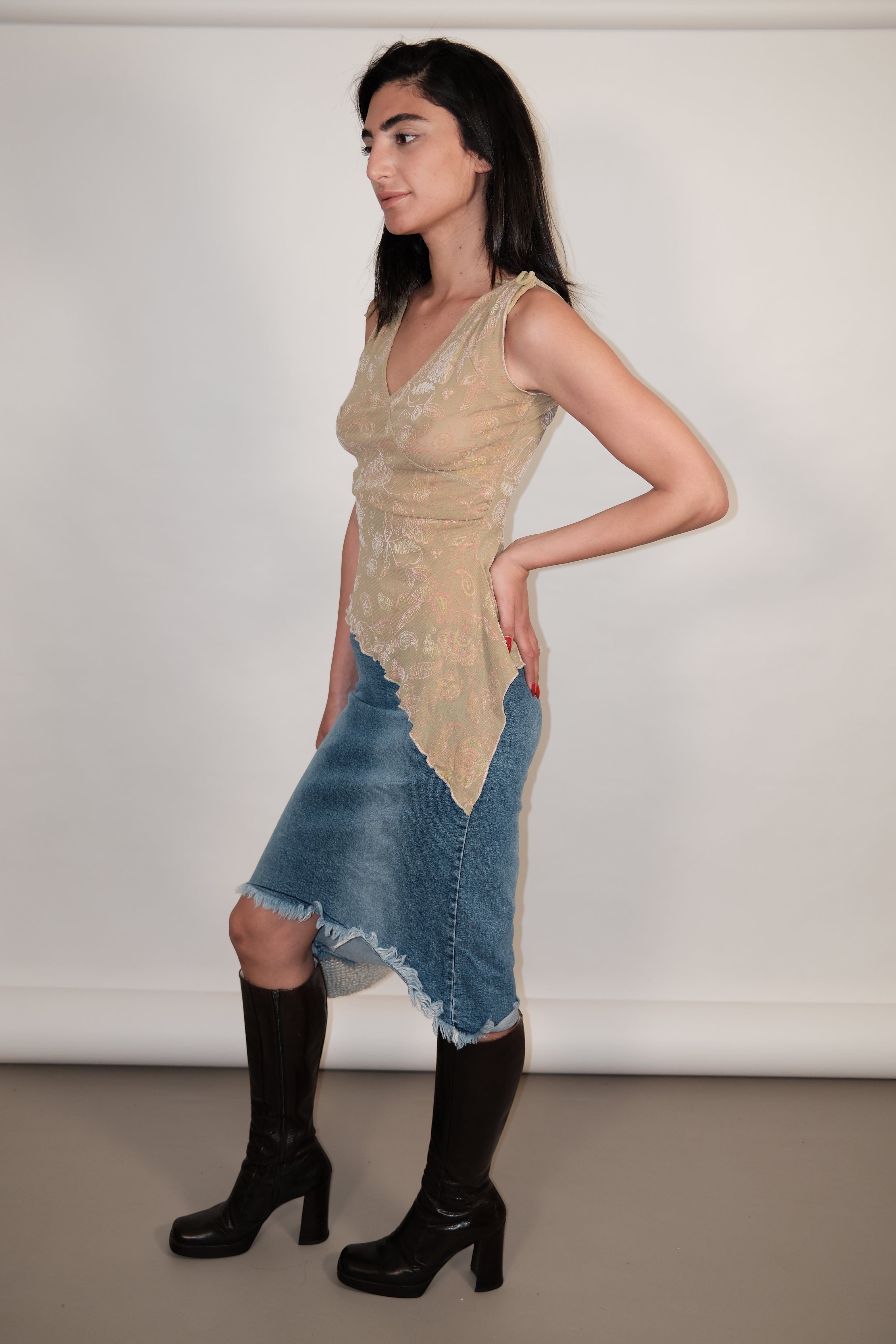 Green Asymmetric Top with Pink Details and Shoulder Laces