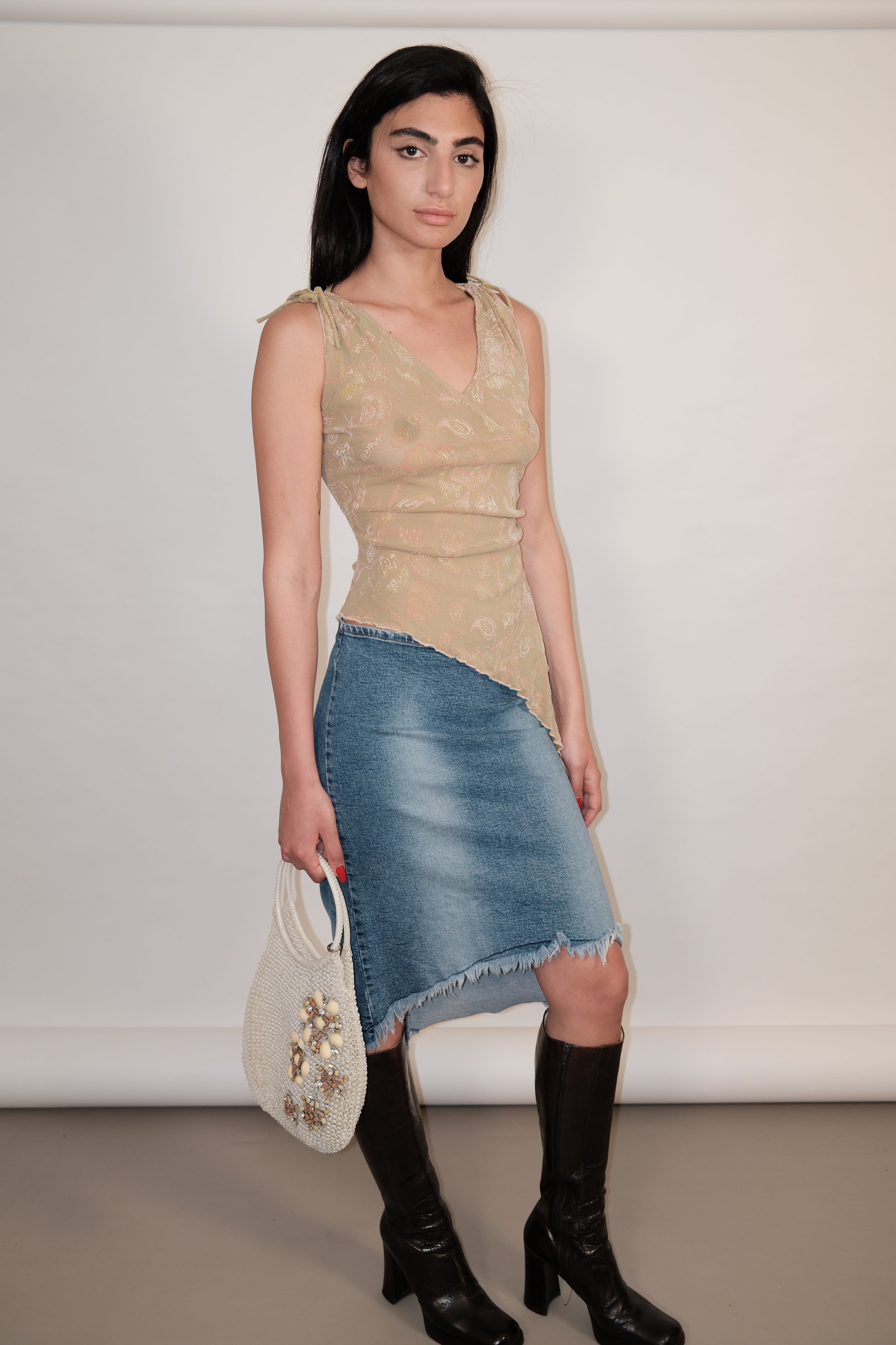 Green Asymmetric Top with Pink Details and Shoulder Laces