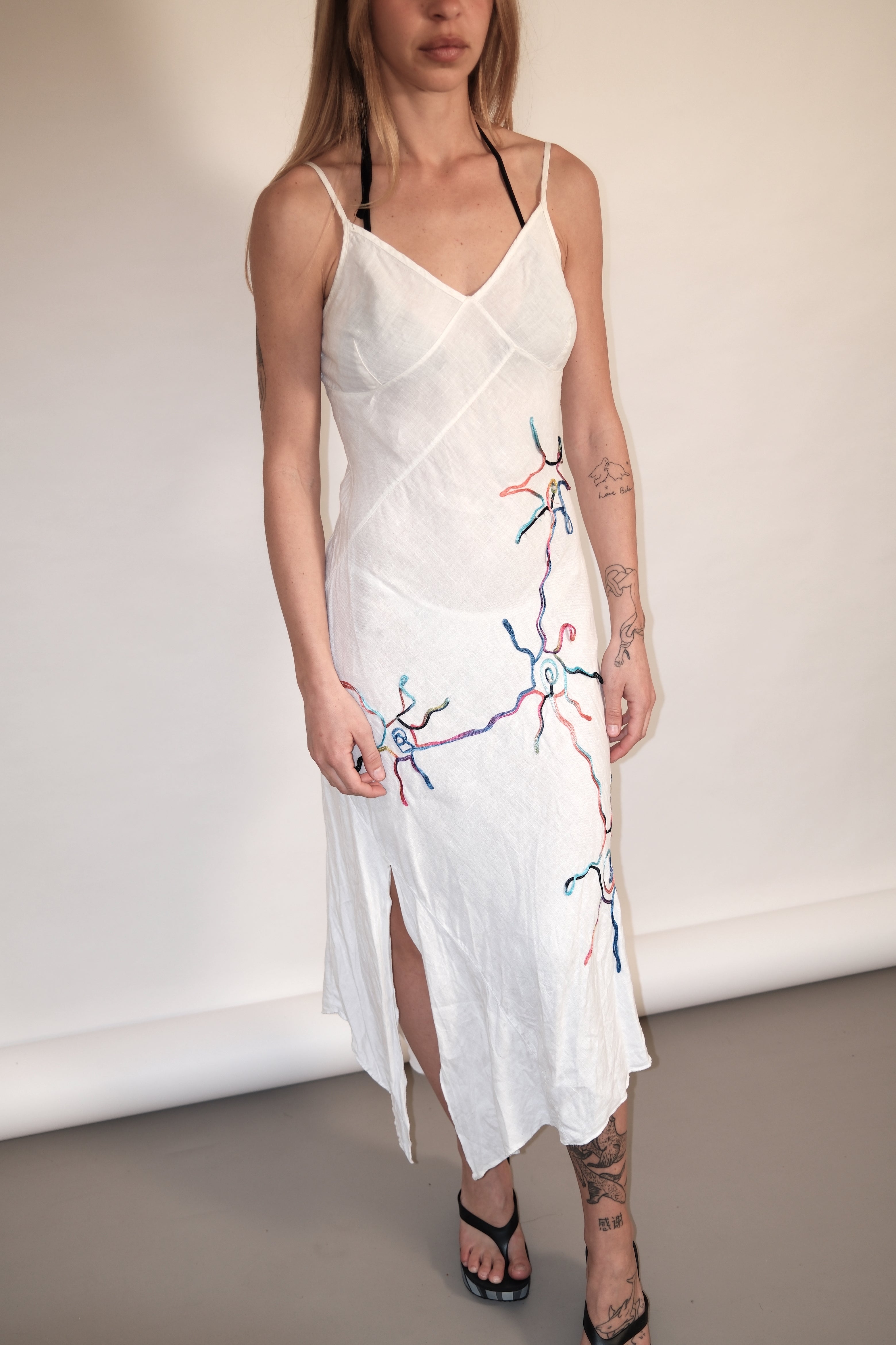 Embroidered Floral Midi Dress In White