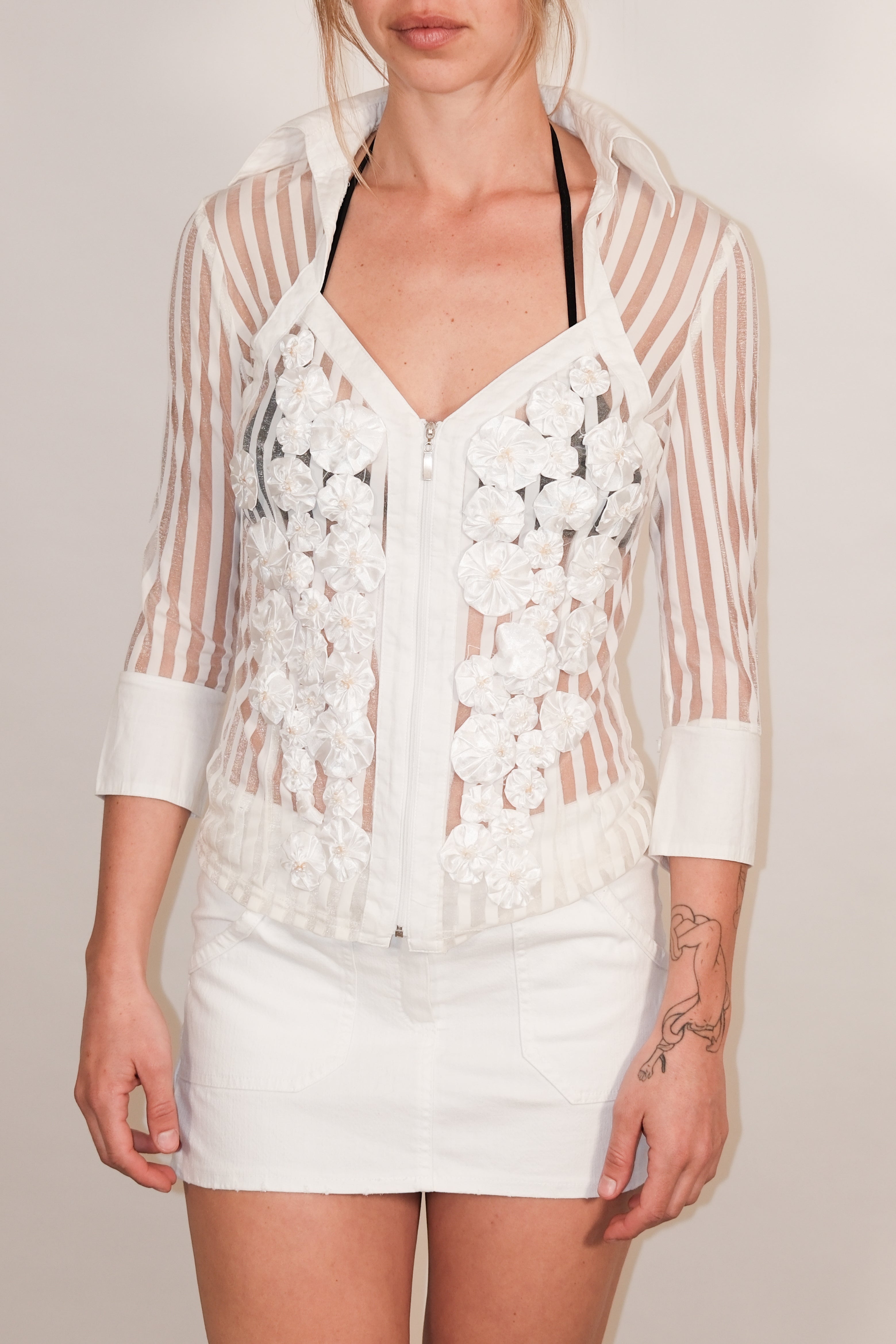 Zipper Sheer and Shiny Top with Floral Details and Pearls
