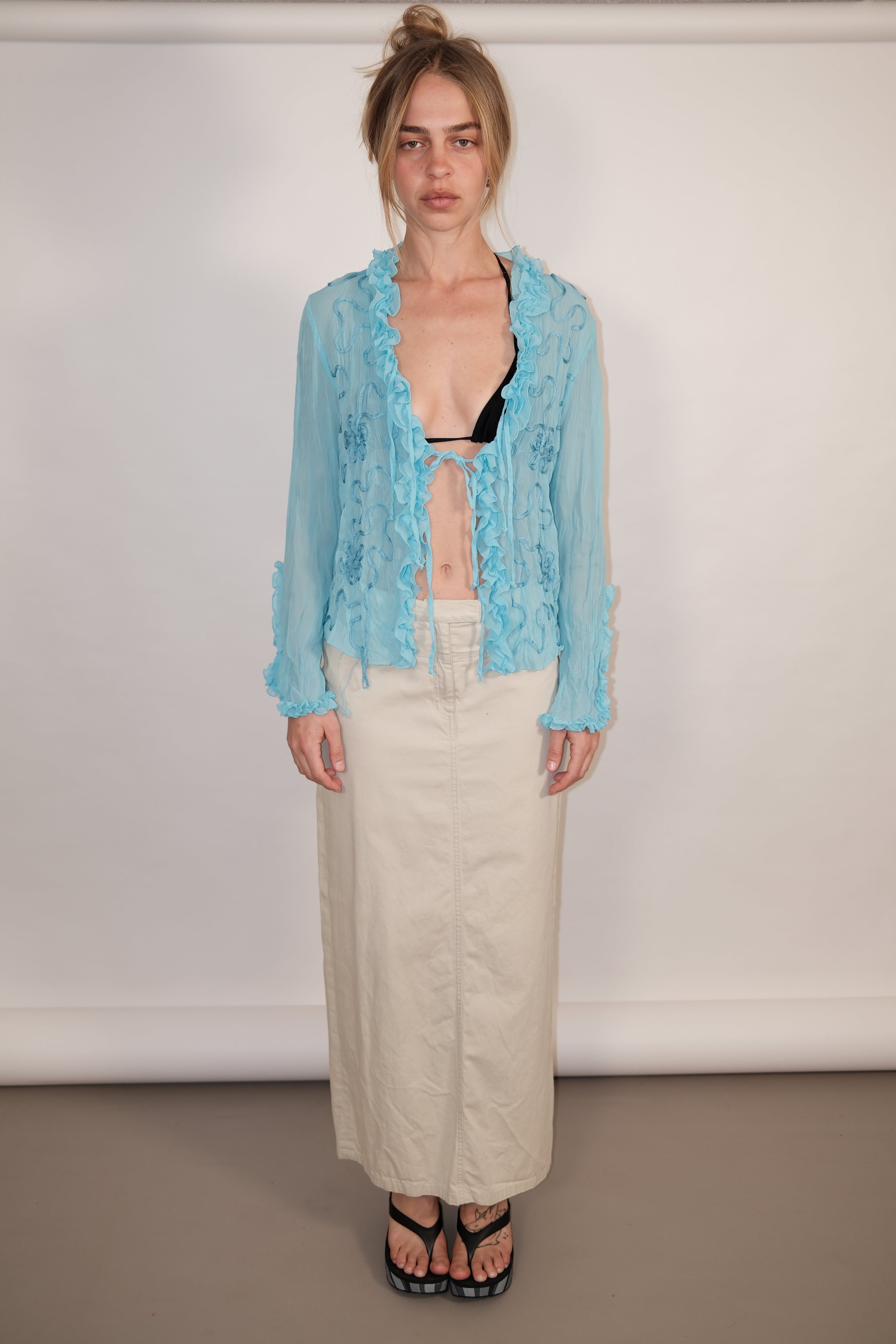 Light Blue Sheer Long Sleeve Top with Front Tie and Flower Details
