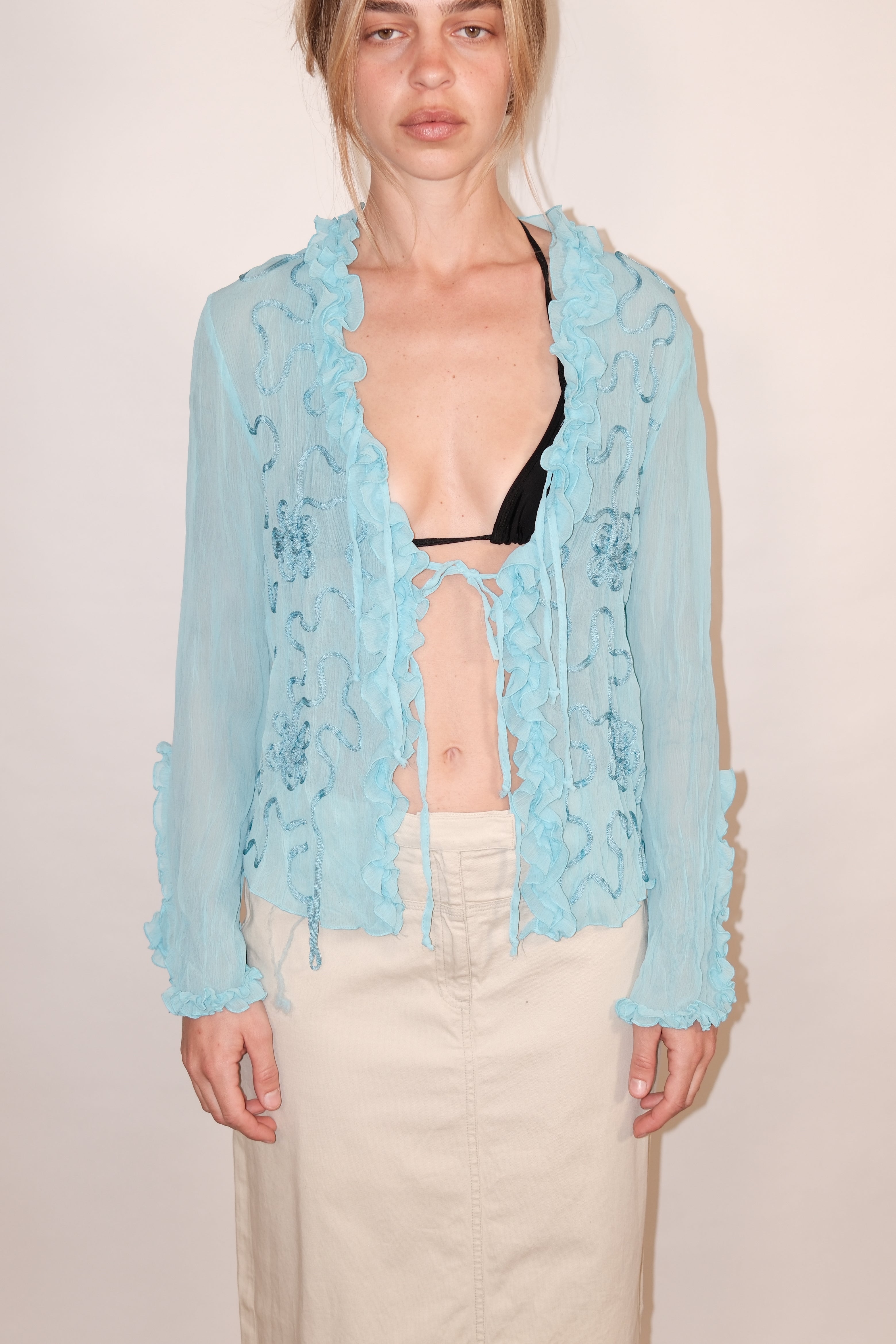 Light Blue Sheer Long Sleeve Top with Front Tie and Flower Details