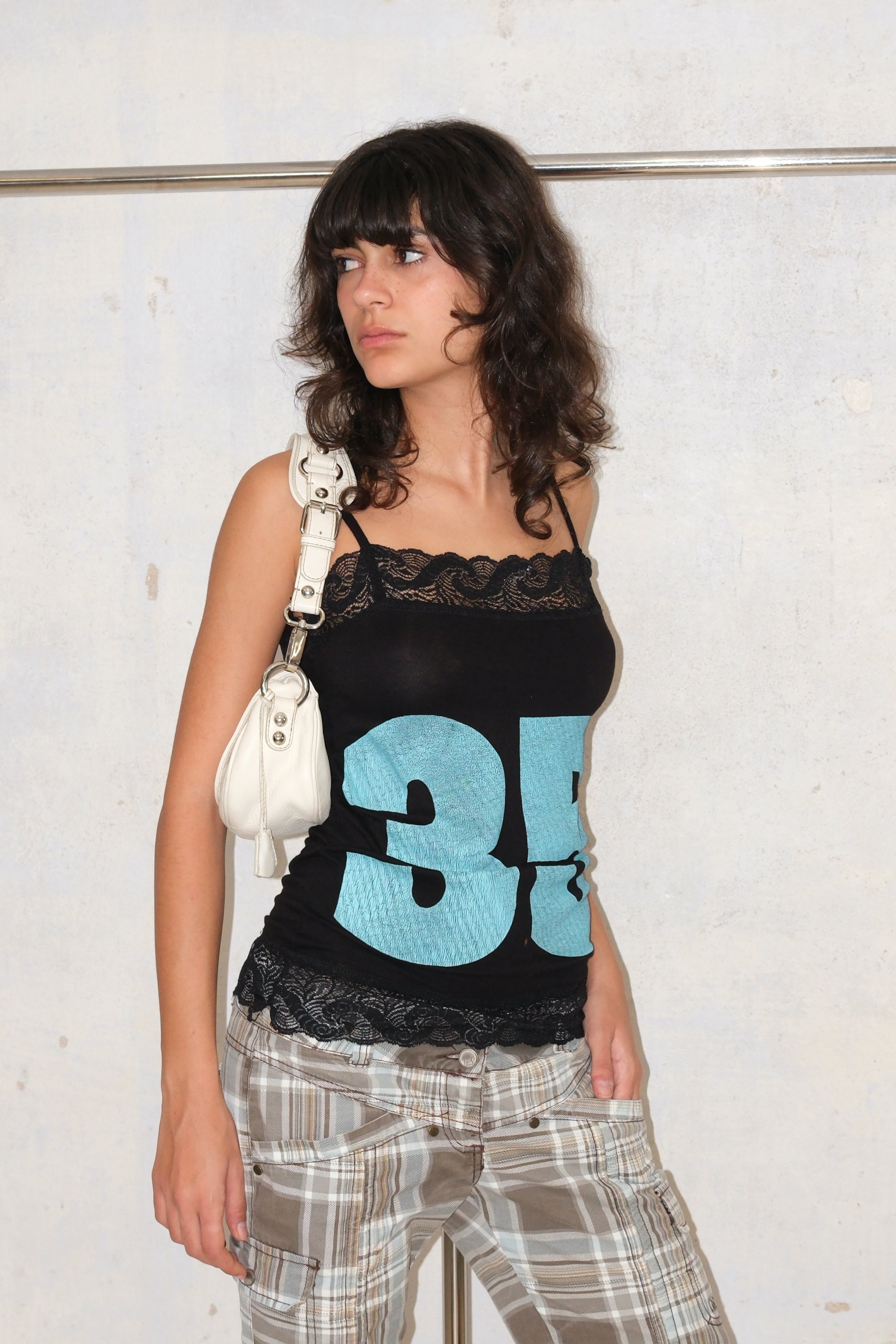 '35' Graphic Lace Detail Tank Top