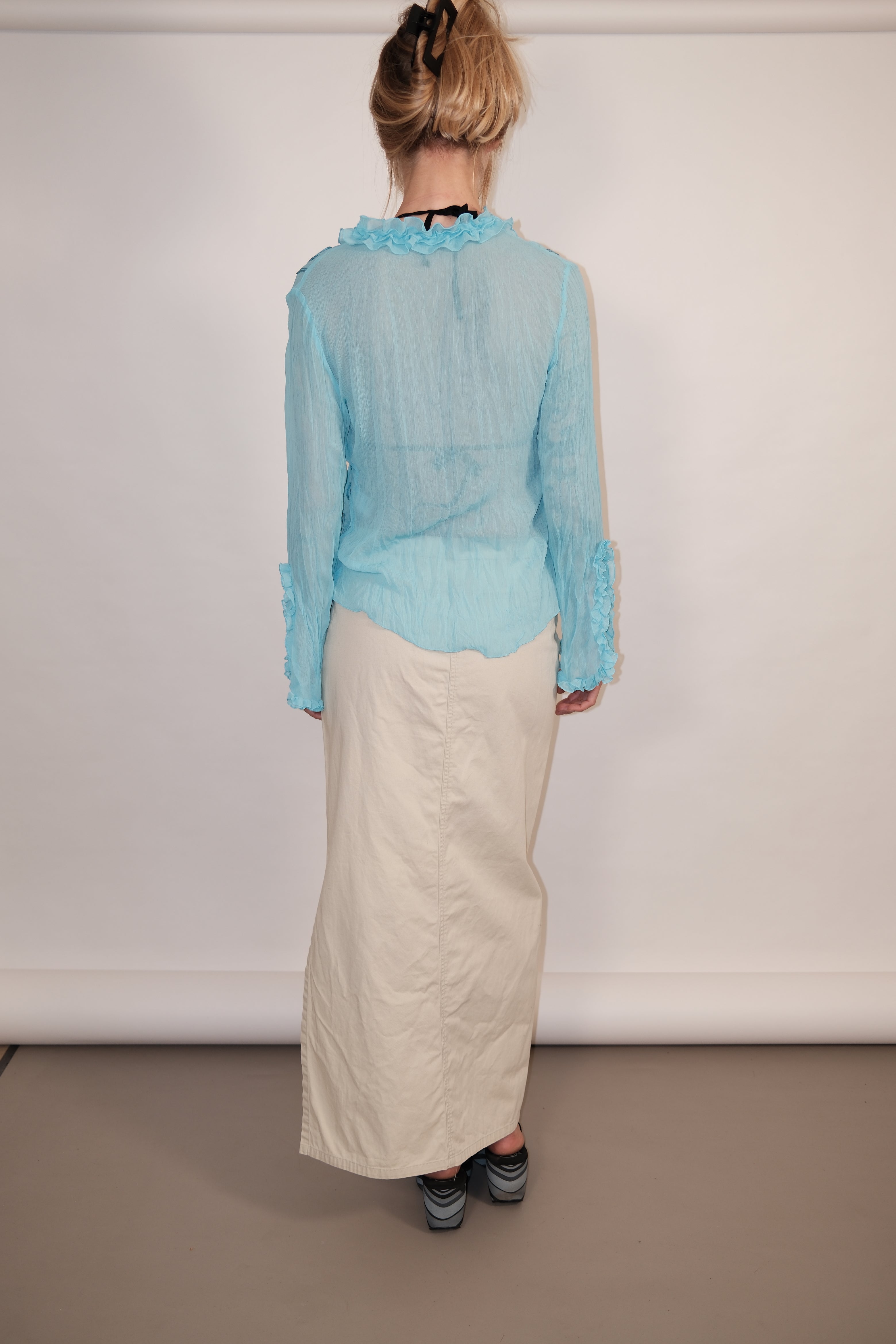 Light Blue Sheer Long Sleeve Top with Front Tie and Flower Details