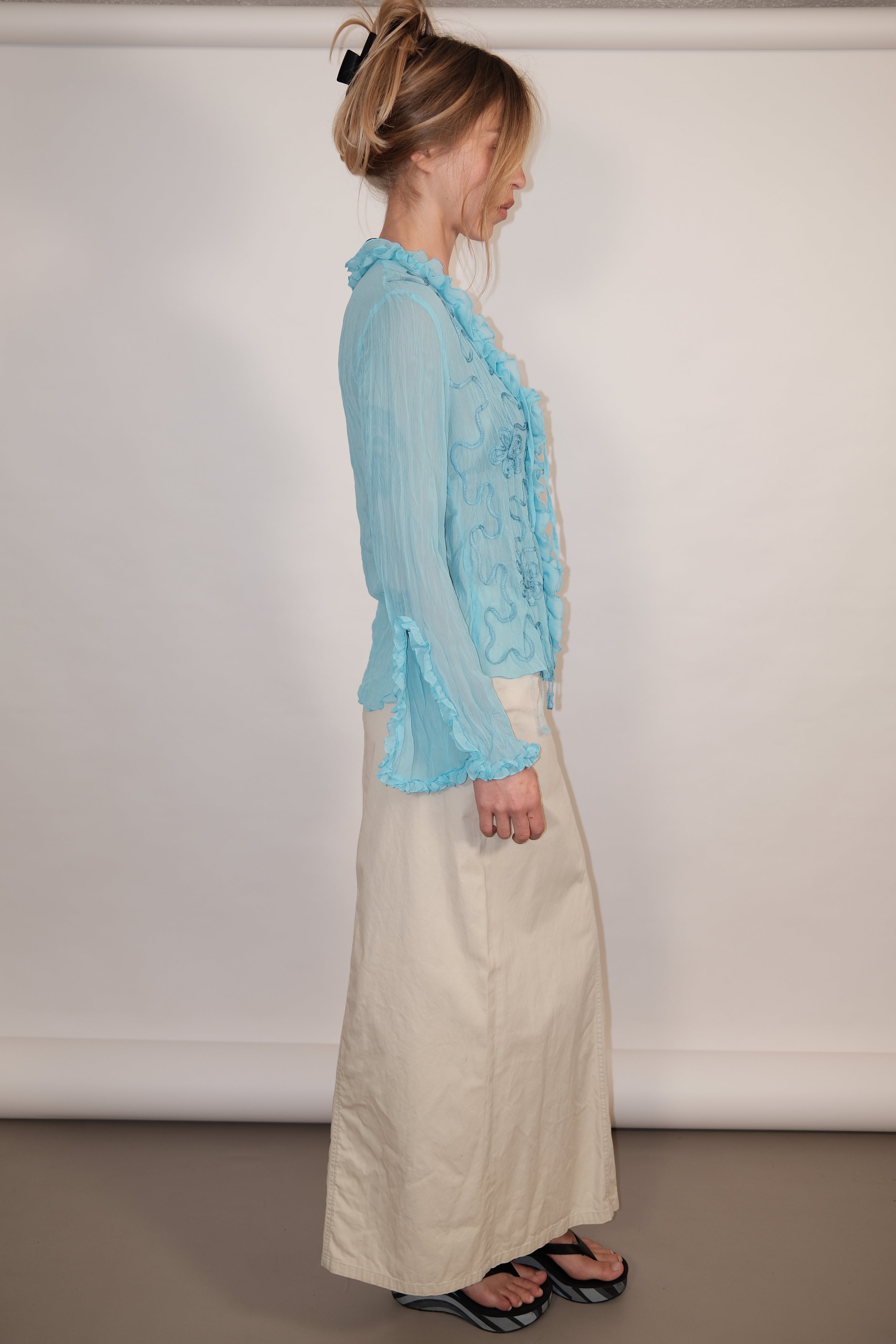 Light Blue Sheer Long Sleeve Top with Front Tie and Flower Details