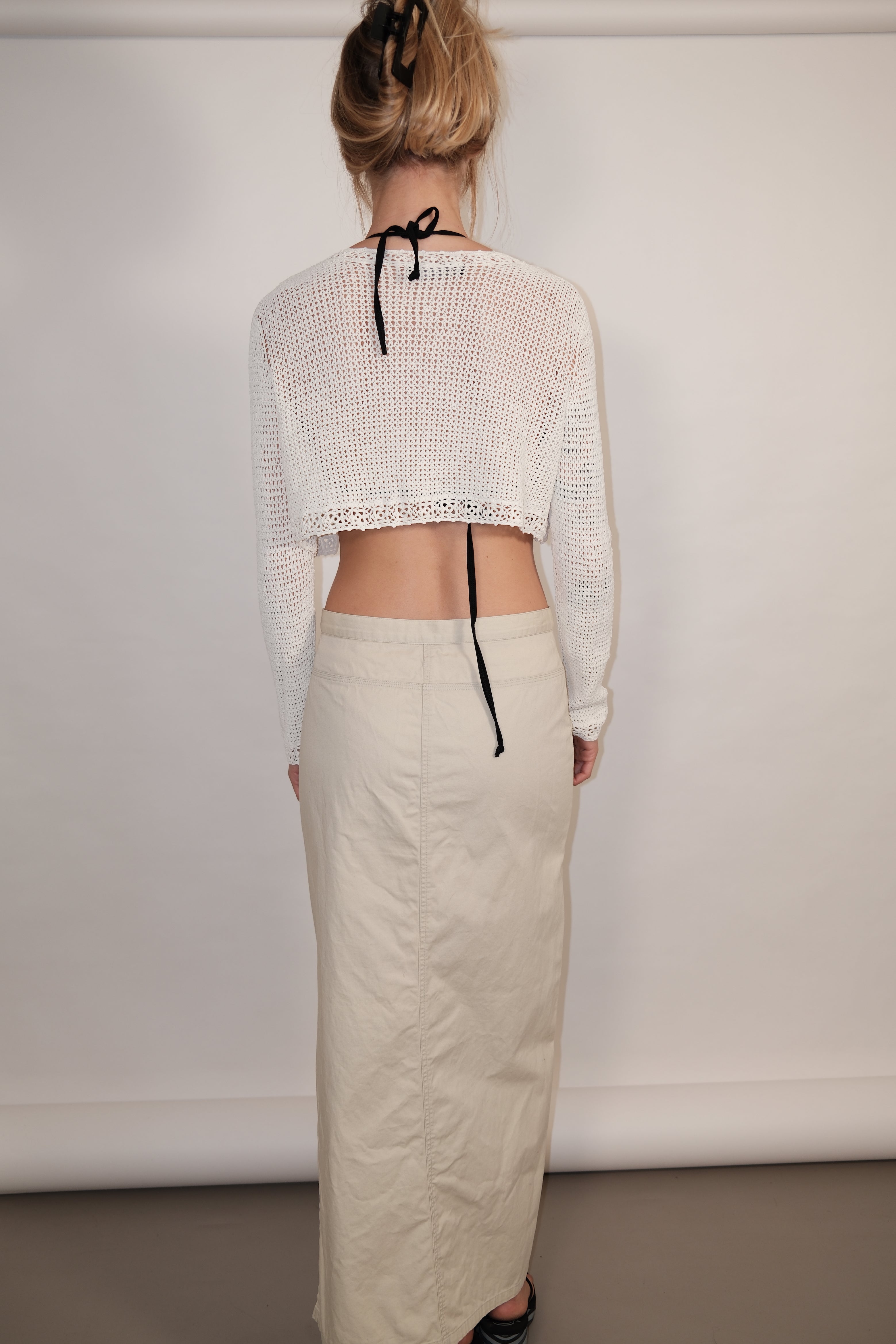 Long Knit Crocheted Crop Cardigan
