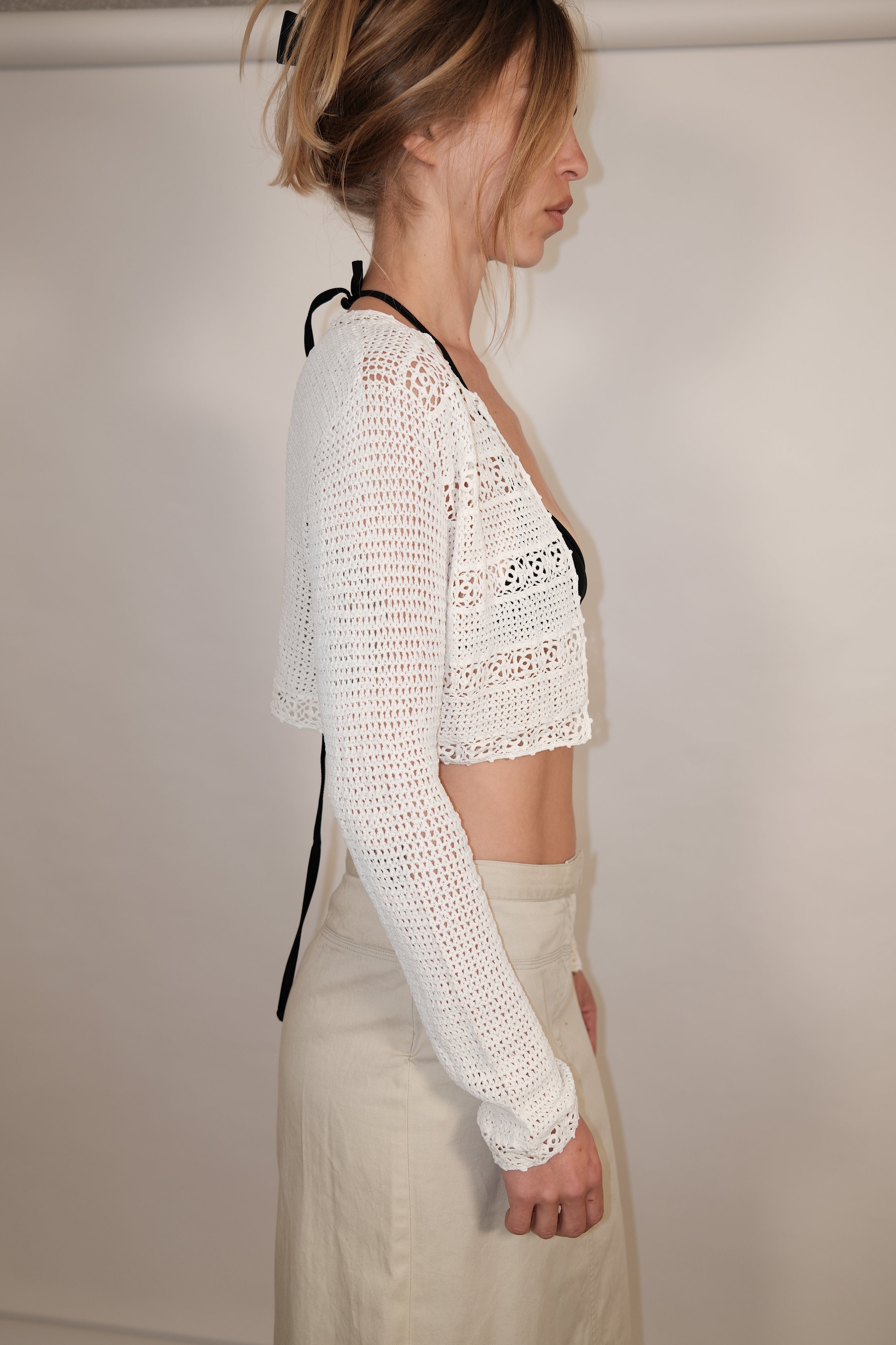 Long Knit Crocheted Crop Cardigan