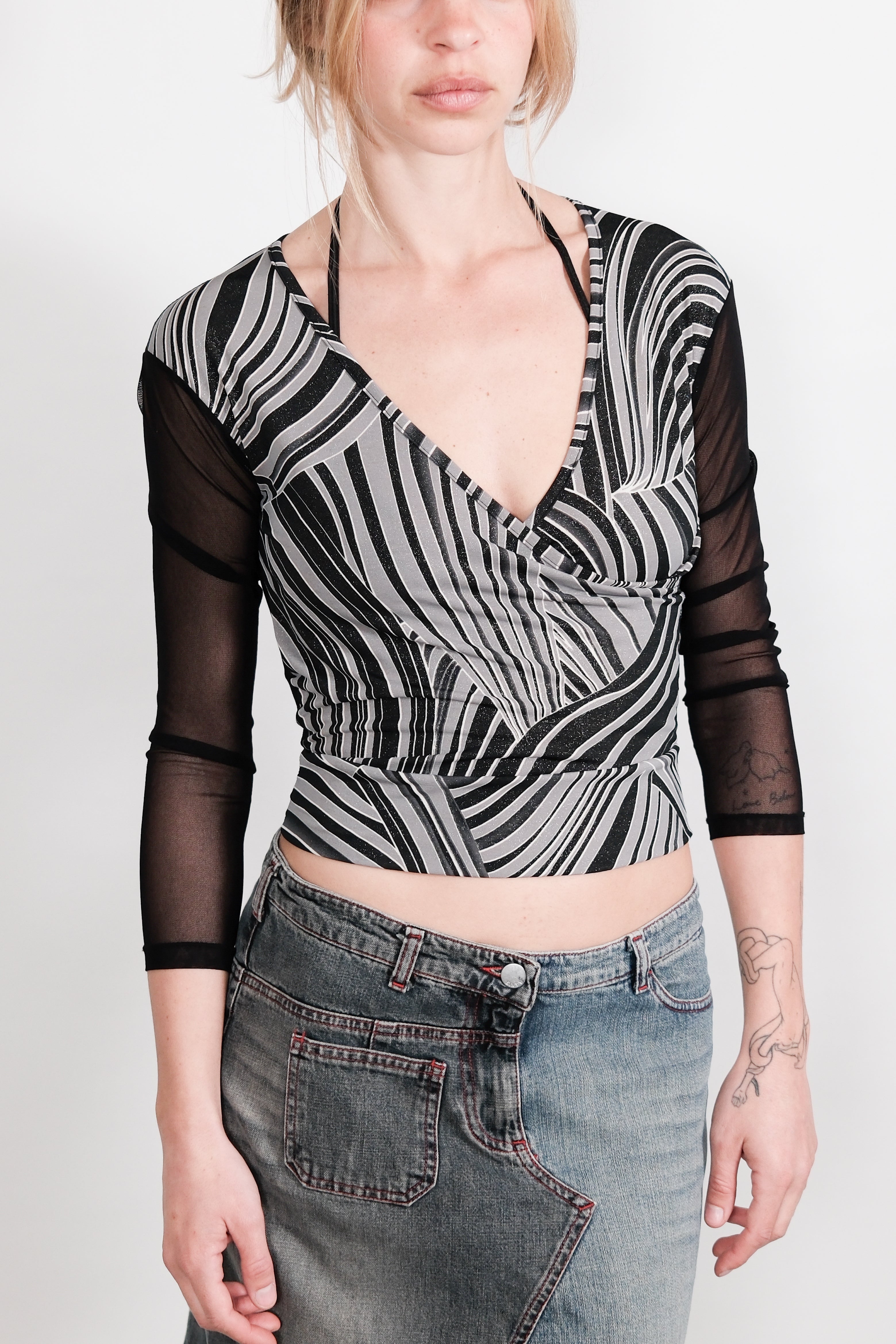 Black Wrap Top with Glitter Print and Sheer Back