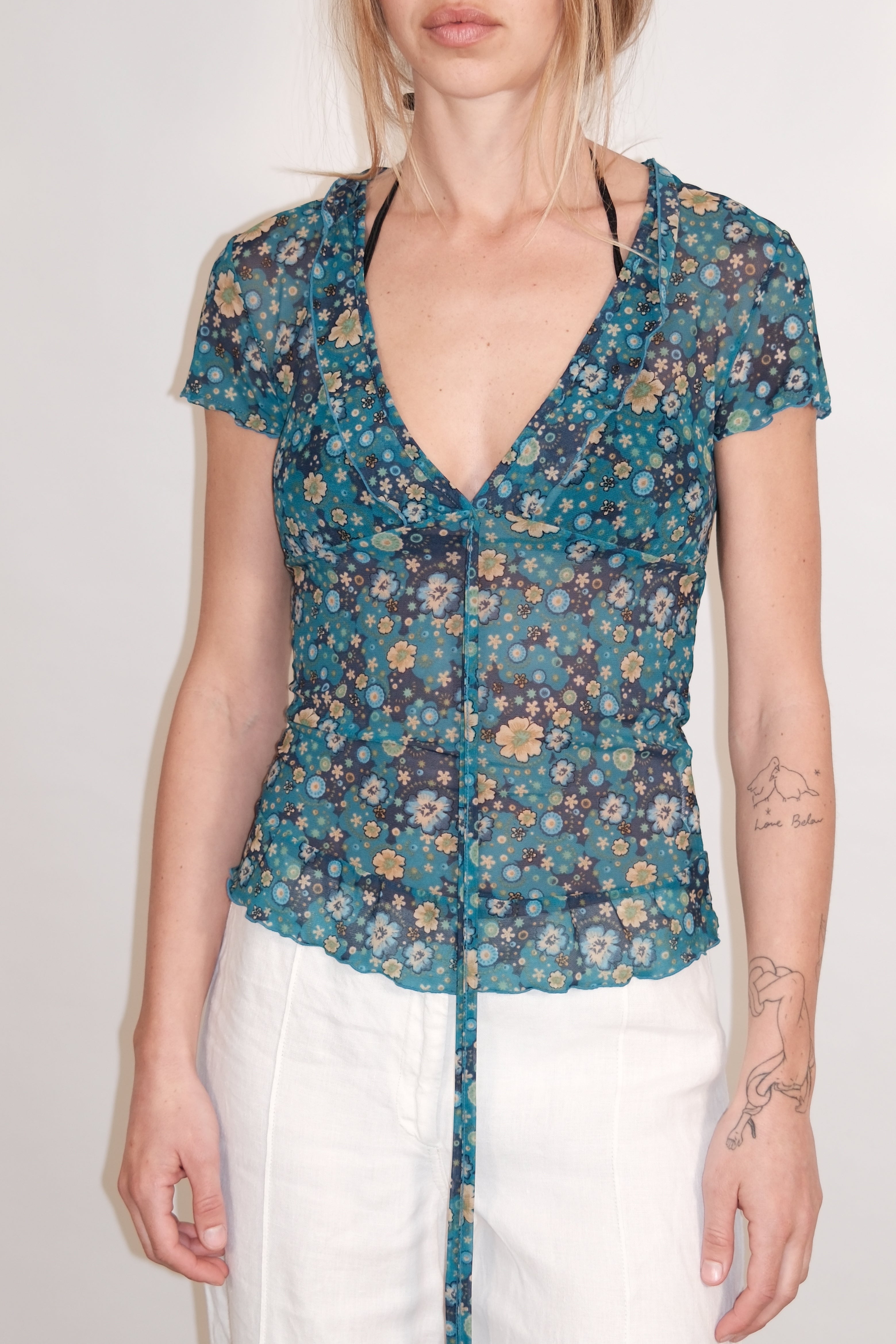 Blue Floral Semi-Sheer Top with Front Tie