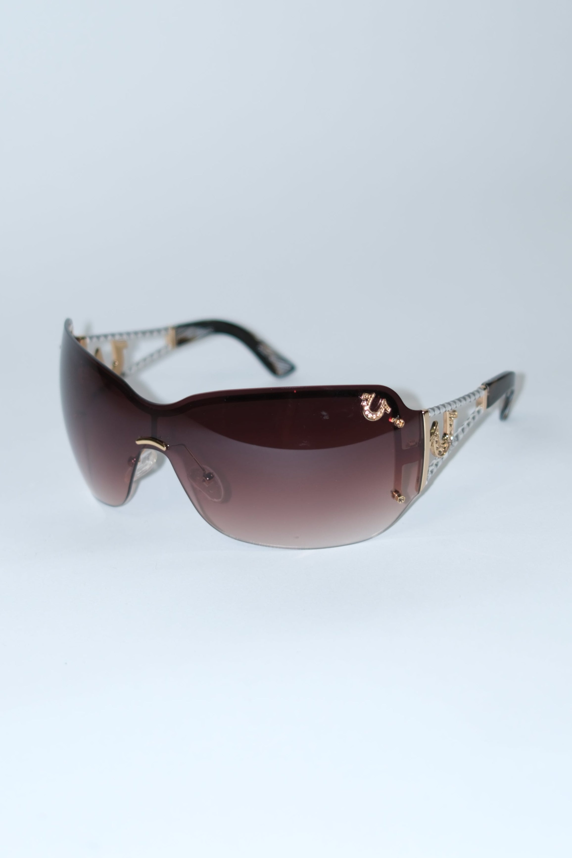 TRUE RELIGION BROWN PANORAMIC SUNGLASSES WITH RHINESTONE HORSESHOE DETAIL