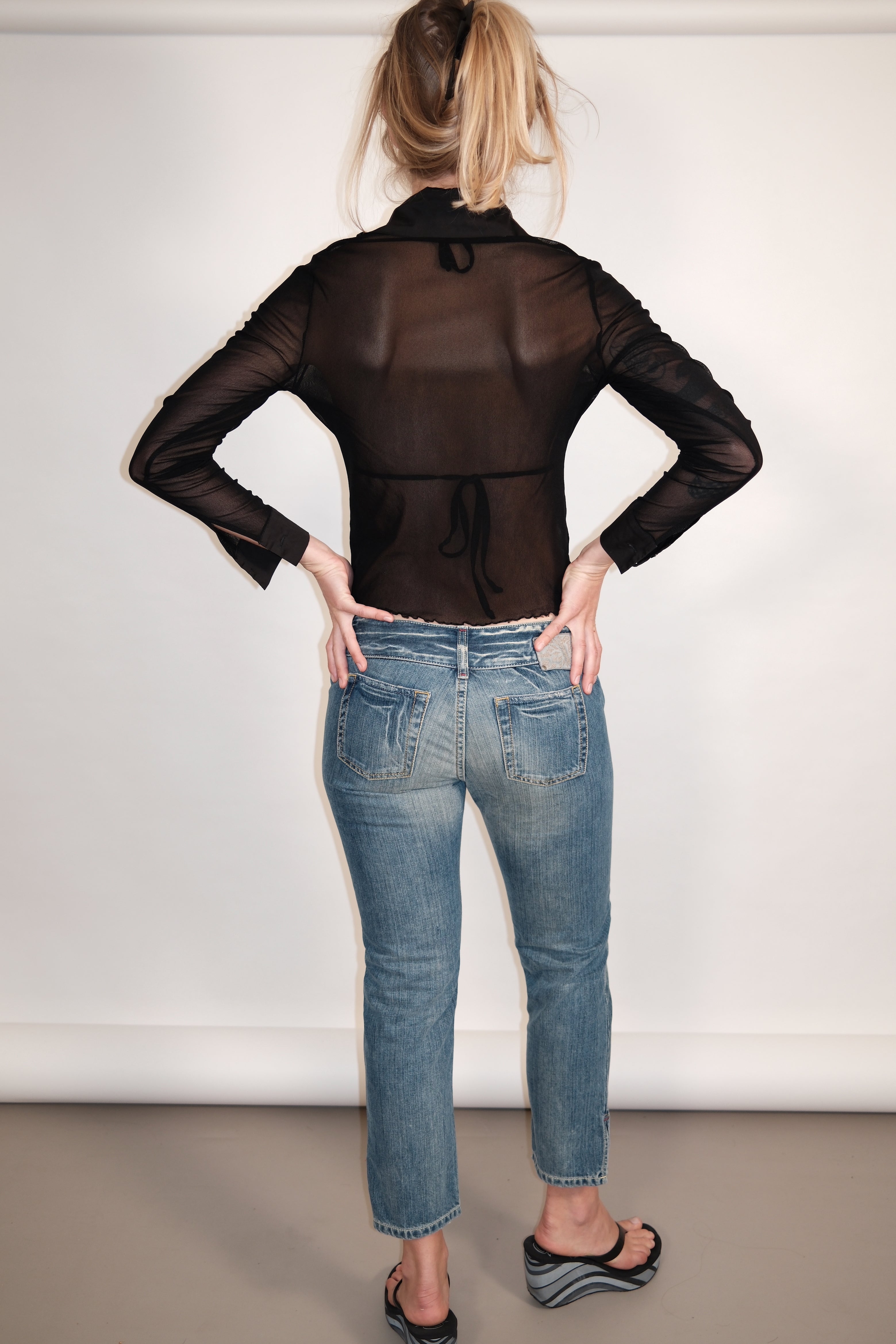 Sheer Black V-neck Top With Embellishments And Beads