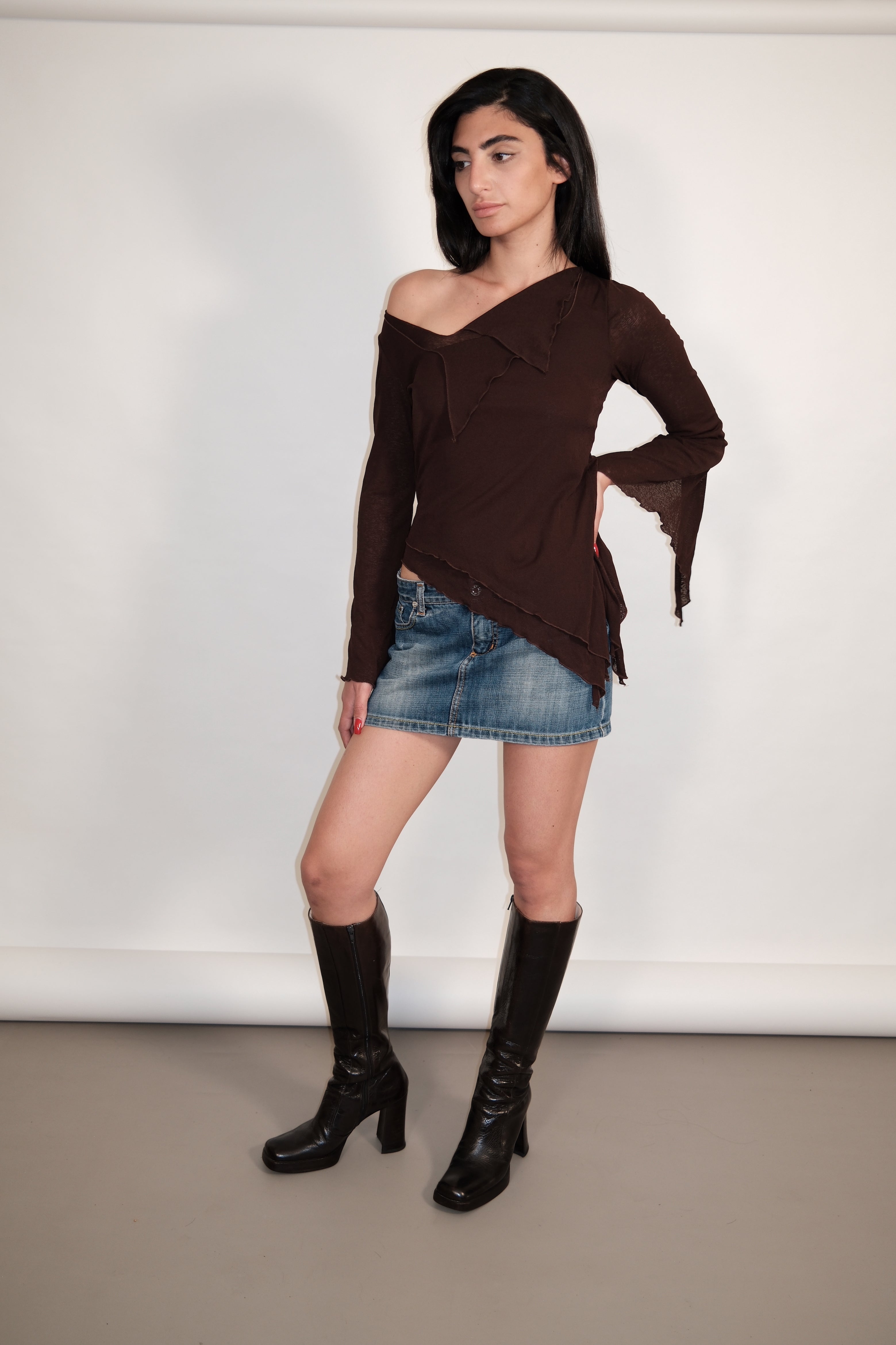 Asymmetric Brown Long Sleeve Top