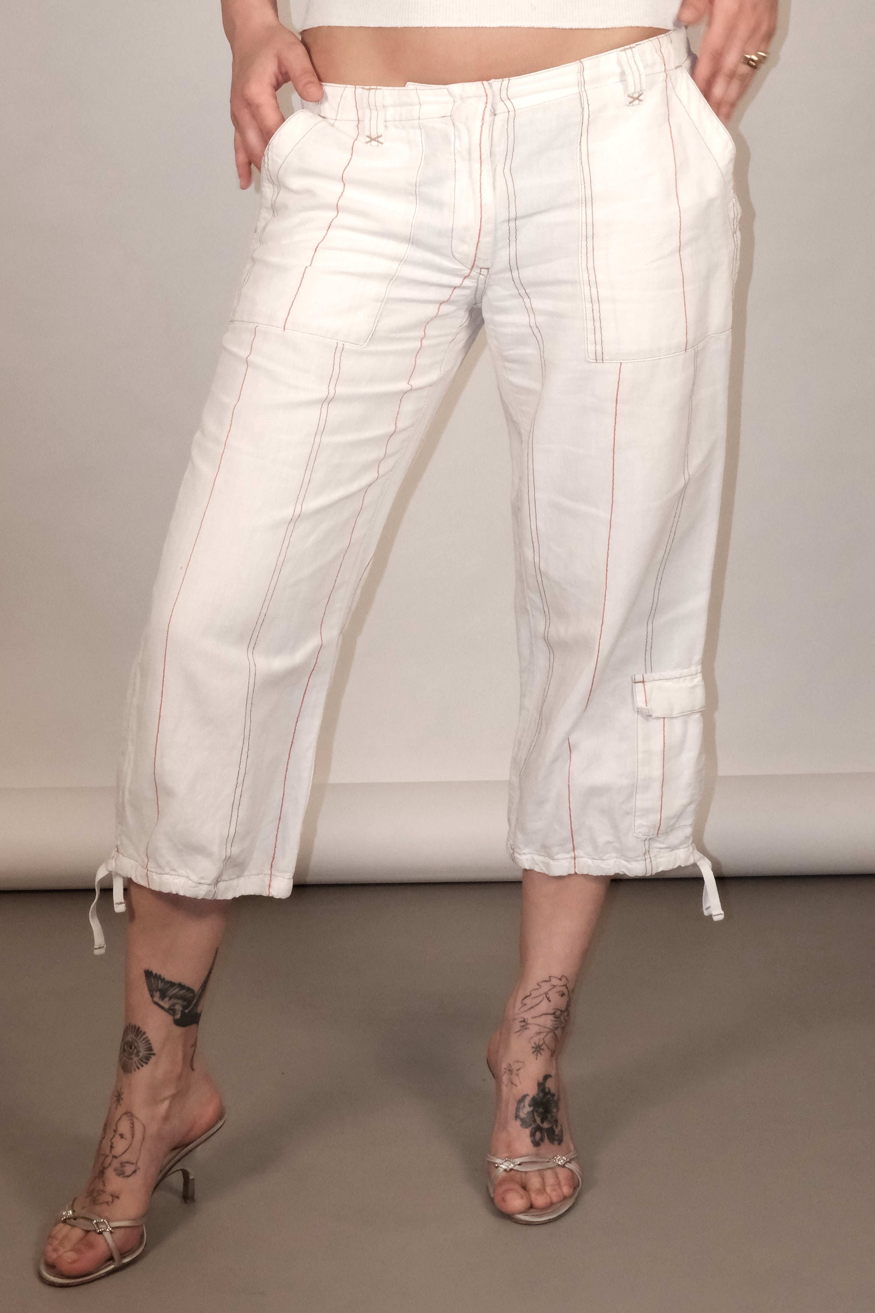 White Cropped Linen Pants with Stripes Size 38